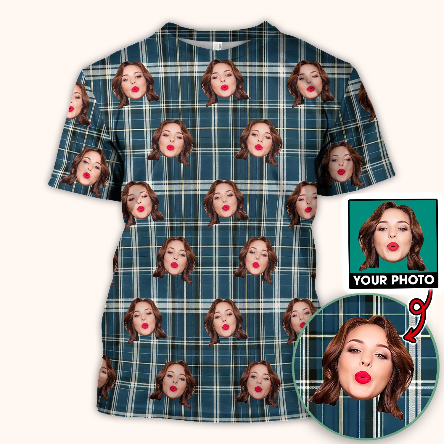 Personalized Funny Face Plaid Scrub Top, Custom Photo Pattern Medical Shirt, Breathable Fabrics Nursing Uniform