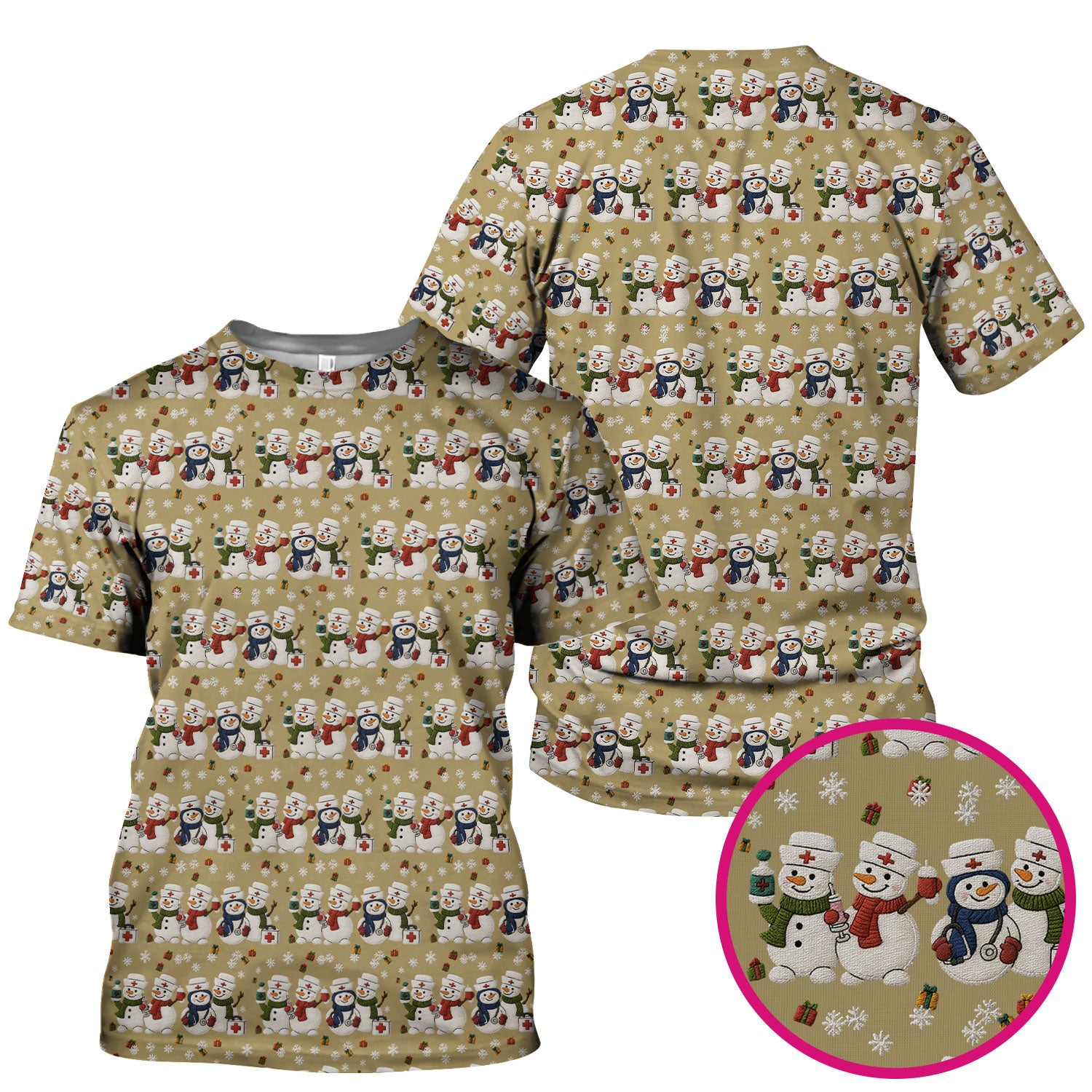 Cute Christmas Snowman Nurse Pattern Scrub Top, Breathable Fabrics Nursing Uniform