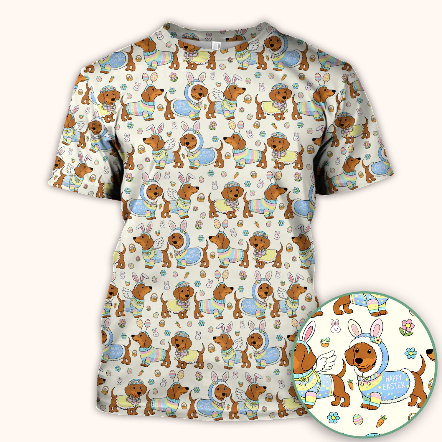 Easter Dachshund Bunny Print Scrub Top, Breathable Fabrics Nursing Uniform
