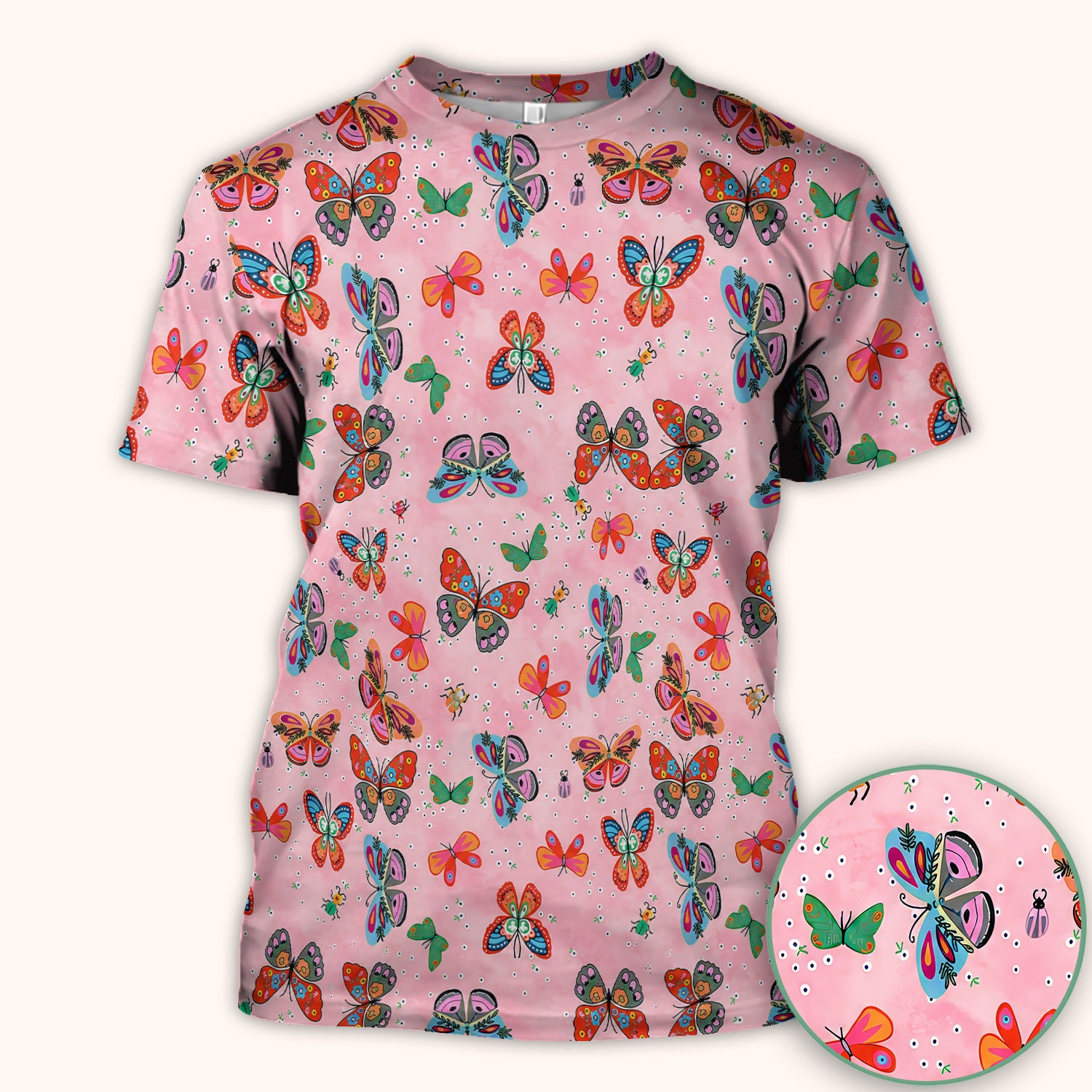 Colorful Butterfly Garden Pattern Scrub Top, Breathable Fabrics Nursing Uniform
