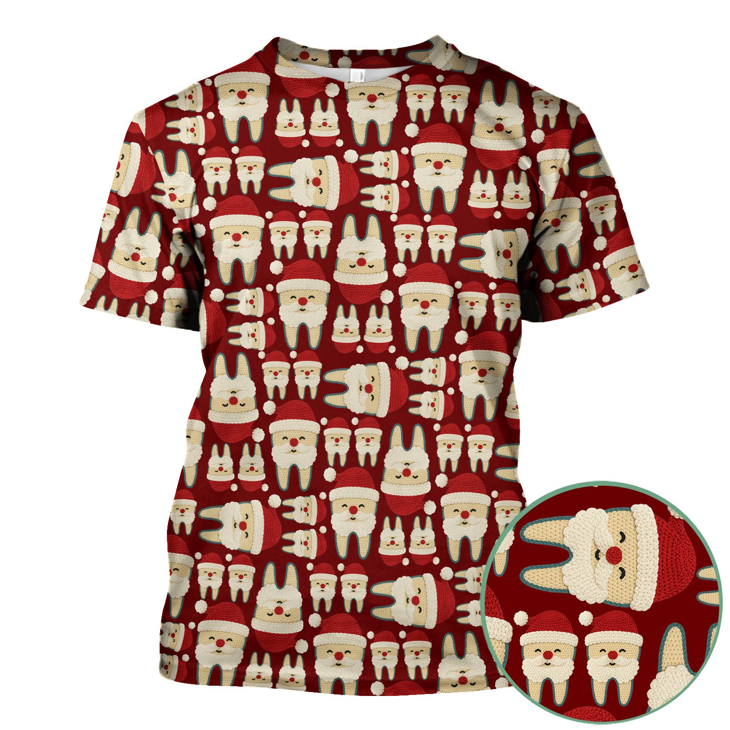 Christmas Tooth Scrub Top - Cute Santa Tooth Pattern for Dentists & Hygienists - Crochet Style Holiday Medical Uniform for Women