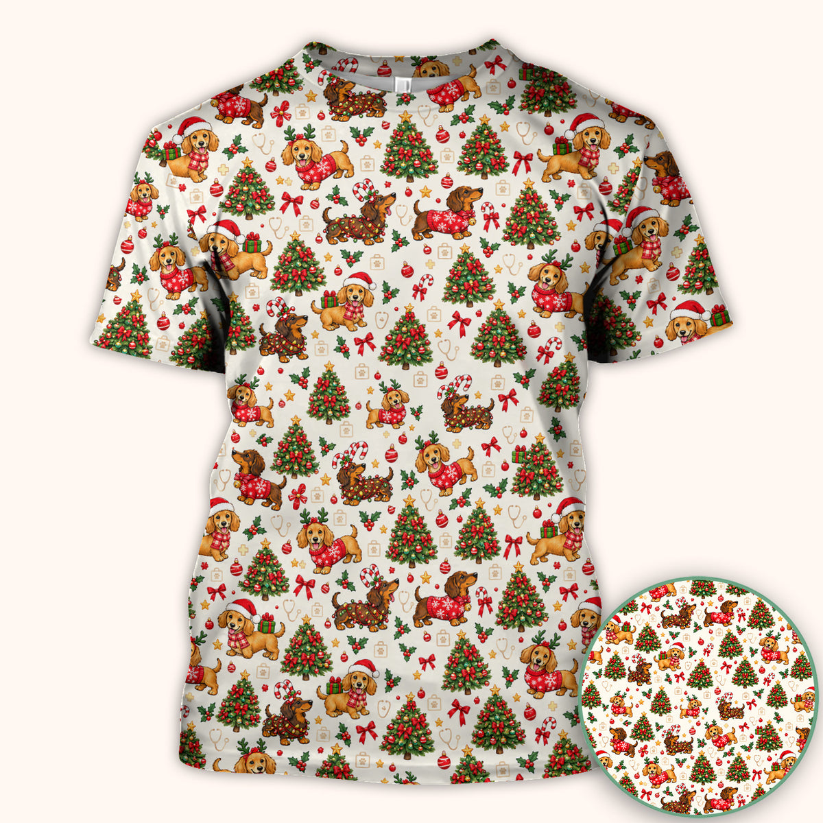 Cute Christmas Dachshund And Tree Pattern Scrub Top, Comfortable Scrubs for Nurses