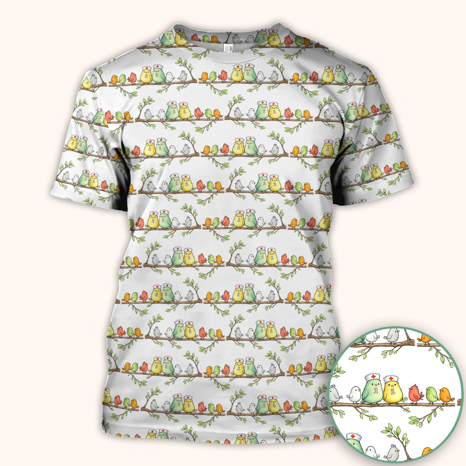 Cute Pink Ribbon Birds Scrub Top, Comfortable Scrubs for Nurses