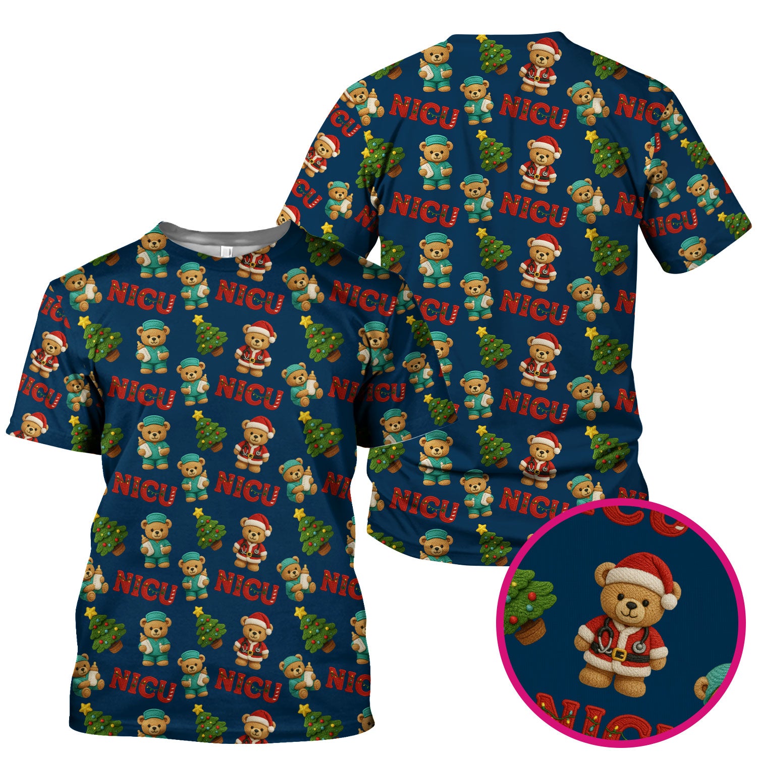 Festive Christmas NICU Nurse Teddy Bear Pattern, Breathable Fabrics Nursing Uniform