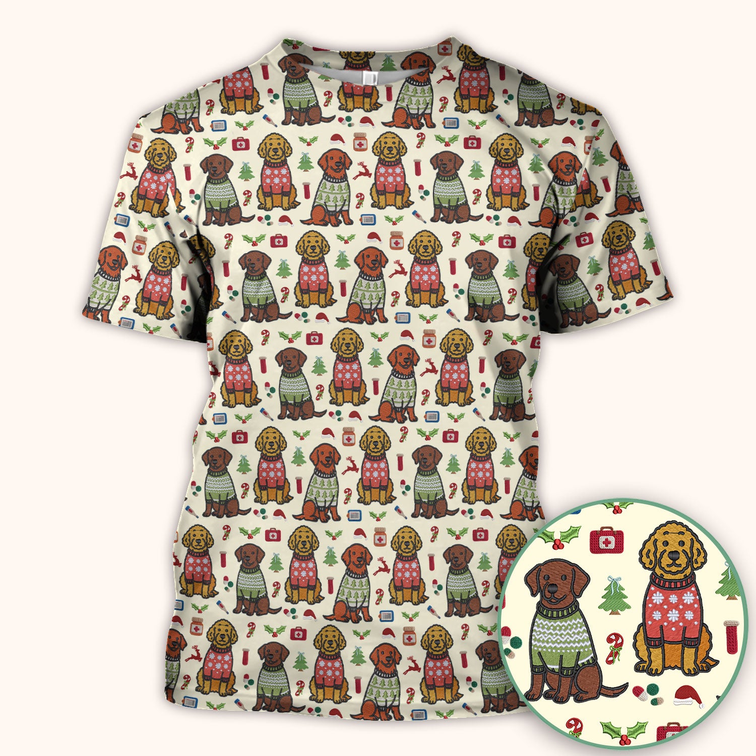 Golden Retriever Christmas Scrub Top, Cute Holiday Dog Nurse Pattern Shirt, Breathable Fabrics Nursing Uniform