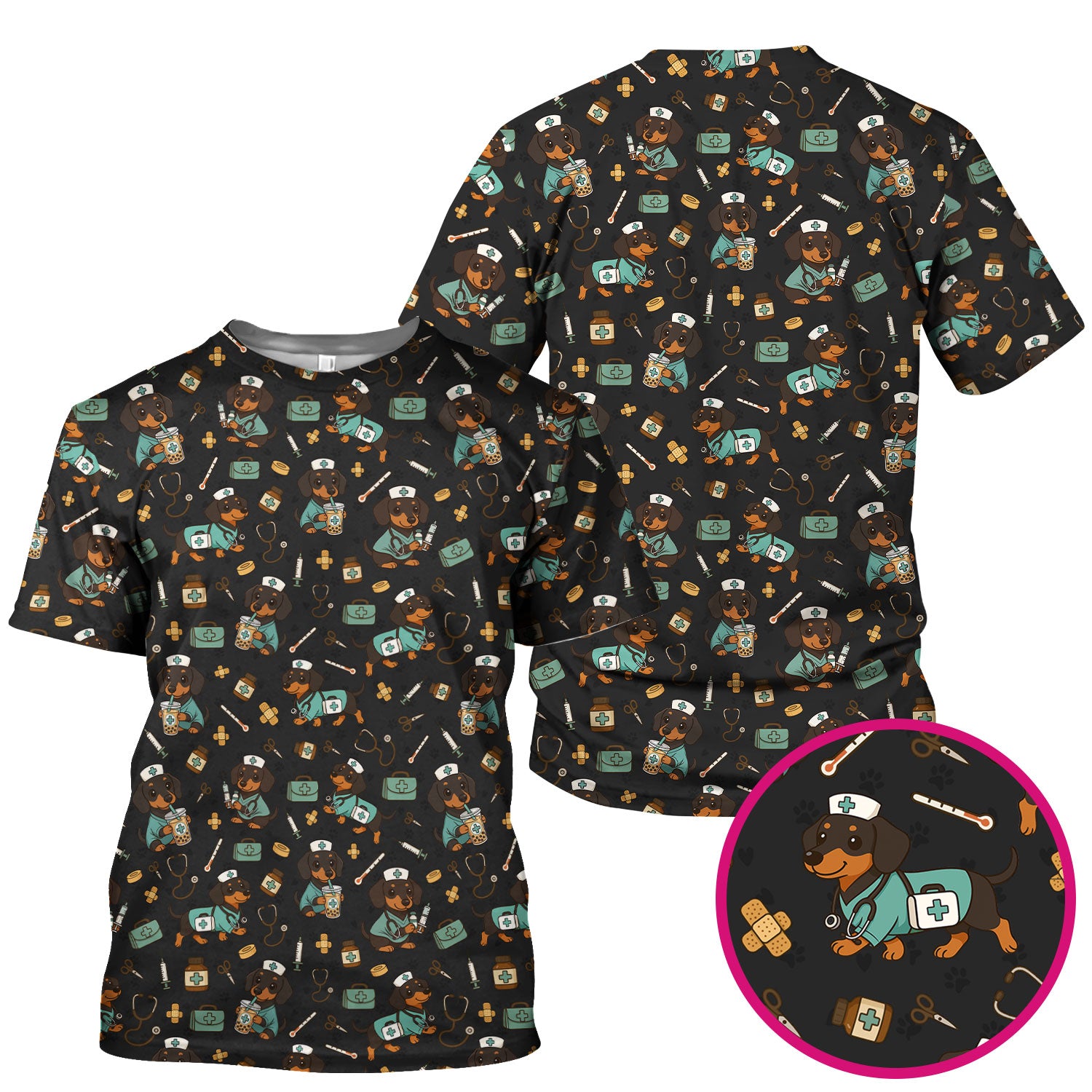 Funny Dachshund Nurse Scrubs - Cute Dog Print Medical Shirt - Holiday Nurse Scrub Top Gift for RN CNA Doctor, Women & Men