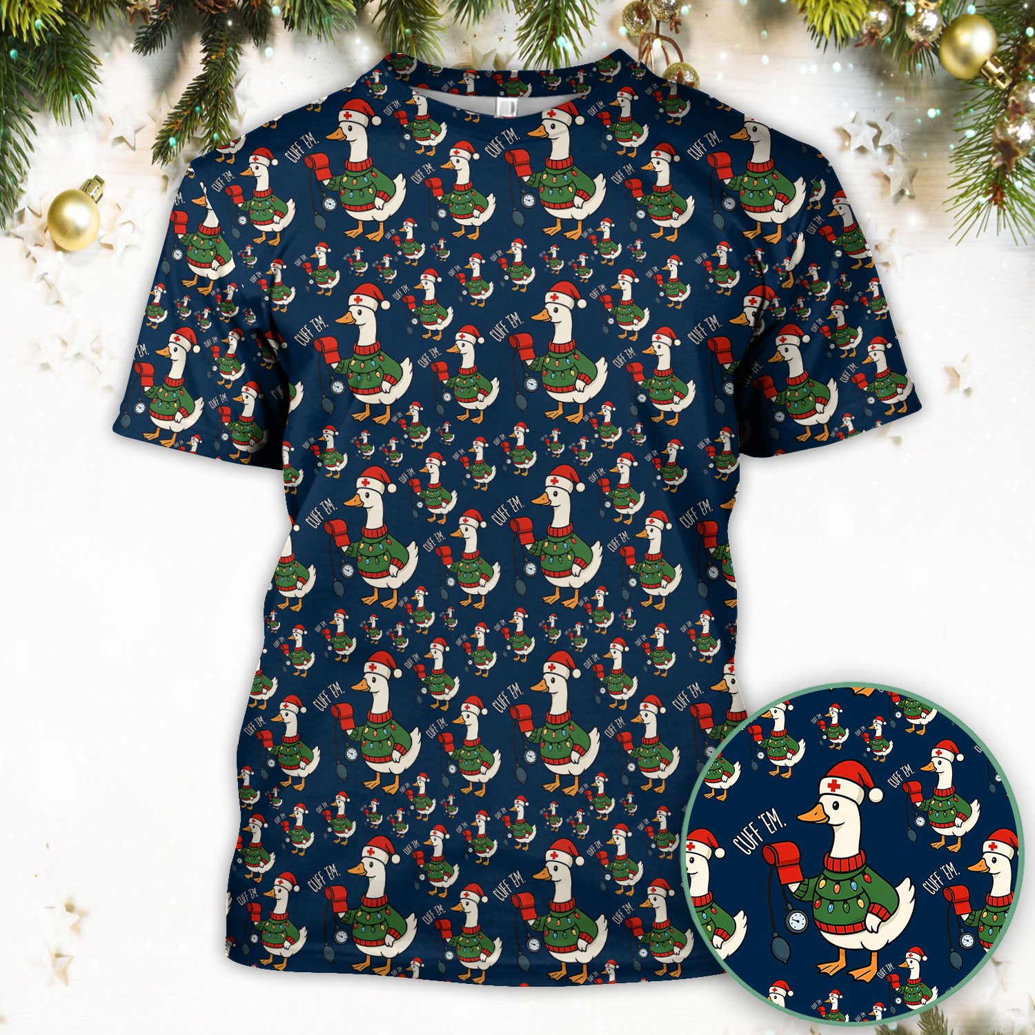 Nurse Christmas Duck Scrub Top, Cute Goose Pattern Scrub Shirt, RN LPN CNA Nursing Uniform
