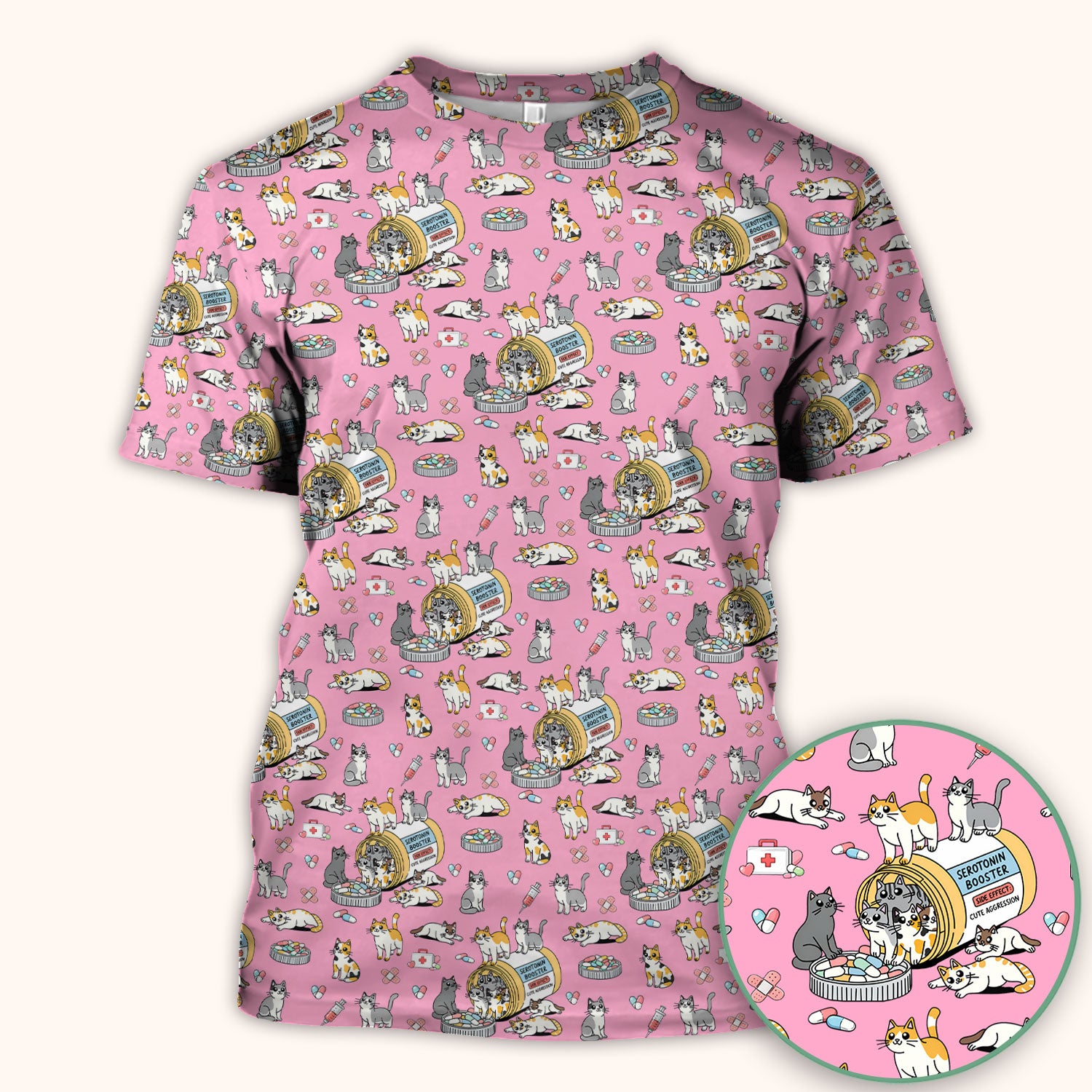 Cute Cat Serotonin Booster Pattern Scrub Top, Comfortable Scrubs for Nurses