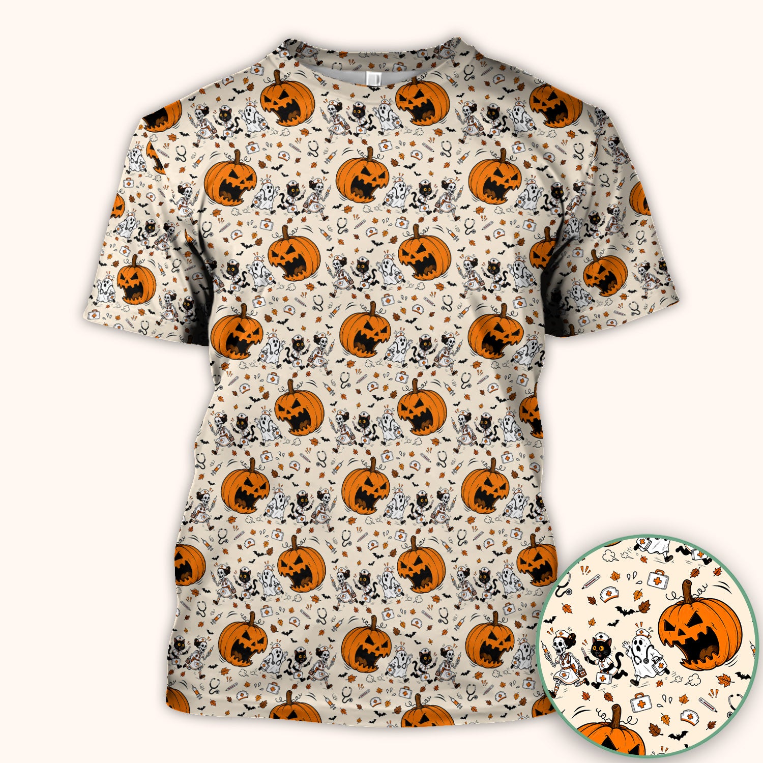 Funny Halloween Pumpkin Chasing Nurses Scrub Top, Comfortable Scrubs for Nurses