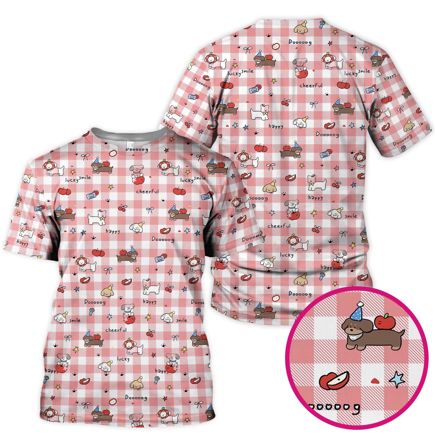Cute Nurse Cartoon Puppy Apple Gingham Scrub Top, Breathable Fabrics Nursing Uniform
