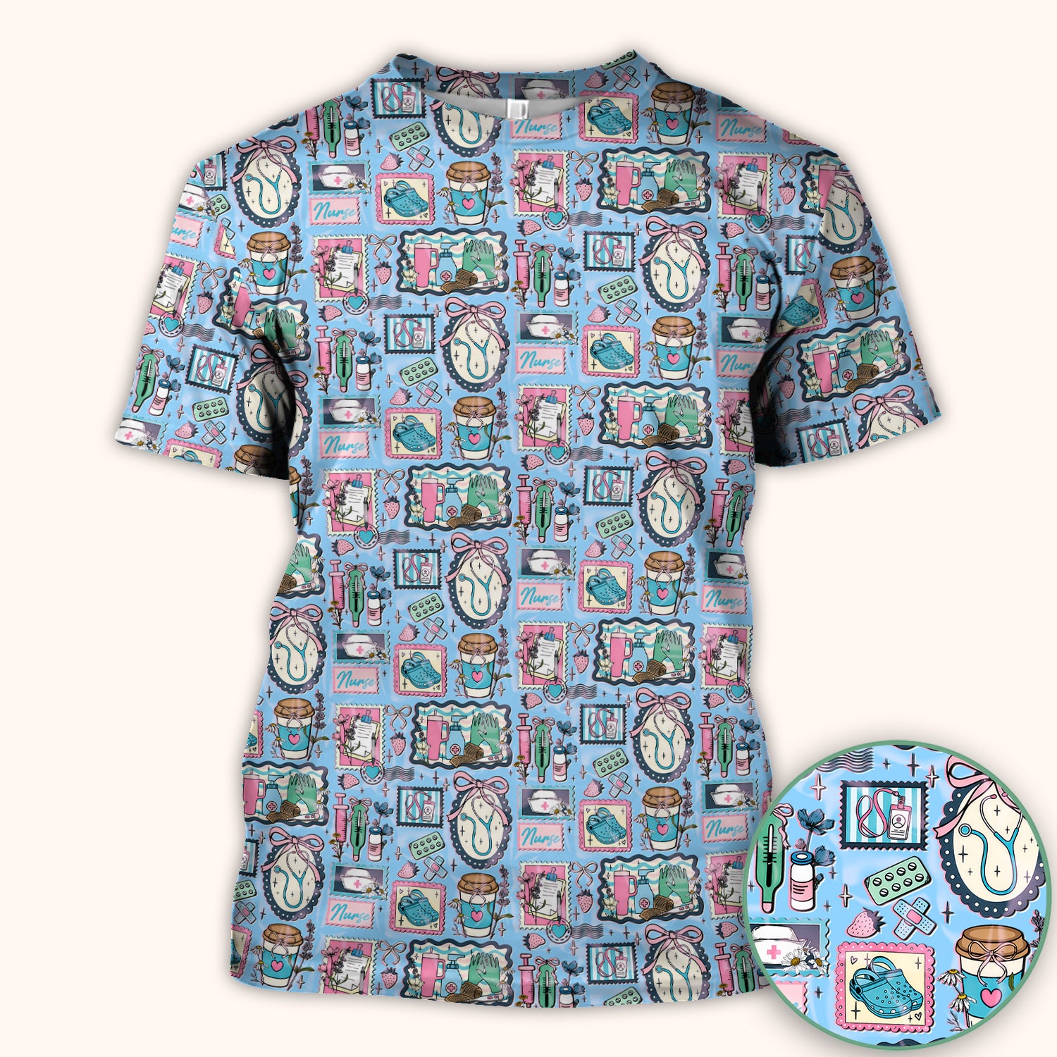 Medical Tools Stethoscope Syringe Frame Scrub Top, Breathable Fabrics Nursing Uniform