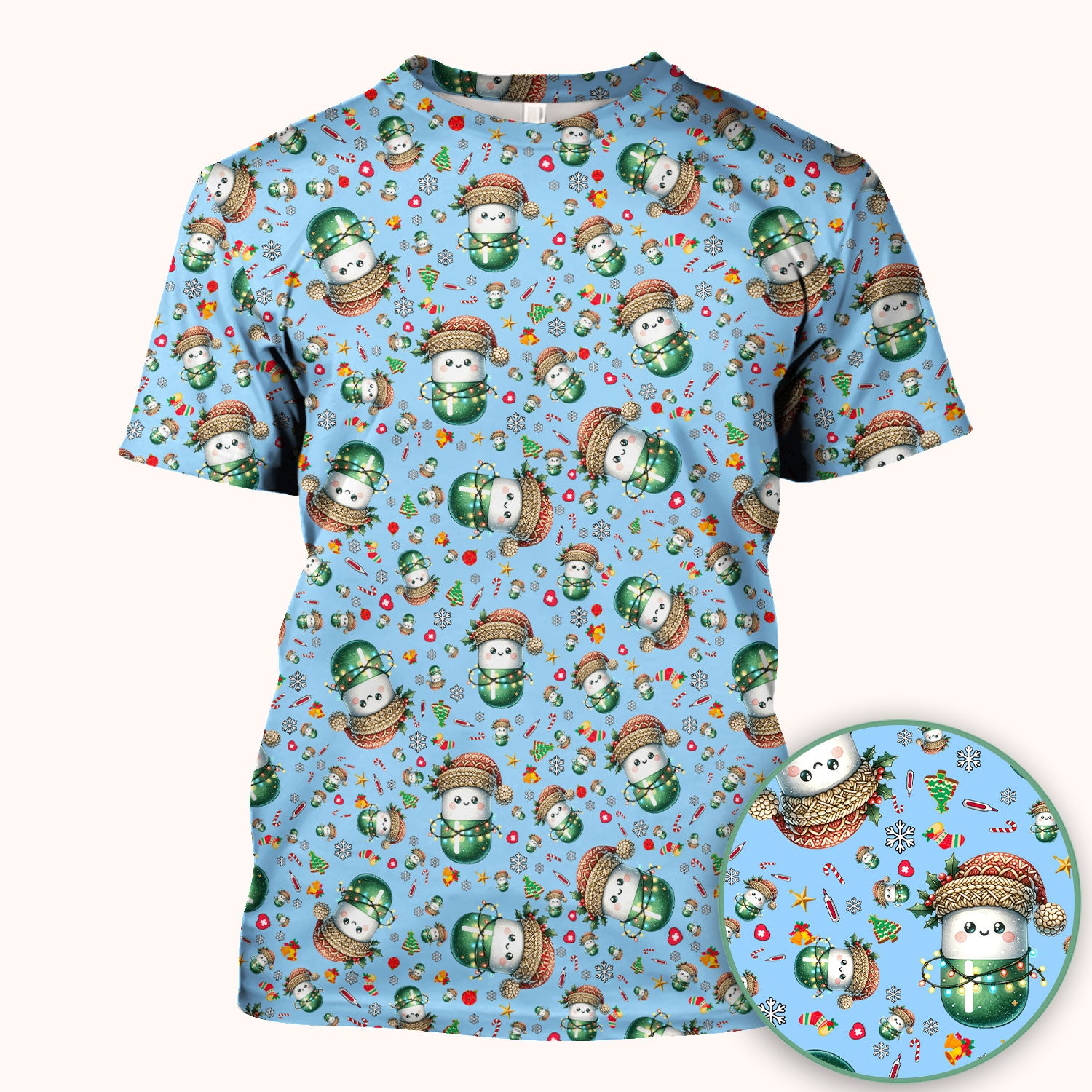 Pharmacy Tech Christmas Scrub Top – Cute Green Snowman Print Nurse Outfit – Funny Holiday Medical Uniform for Pharmacists
