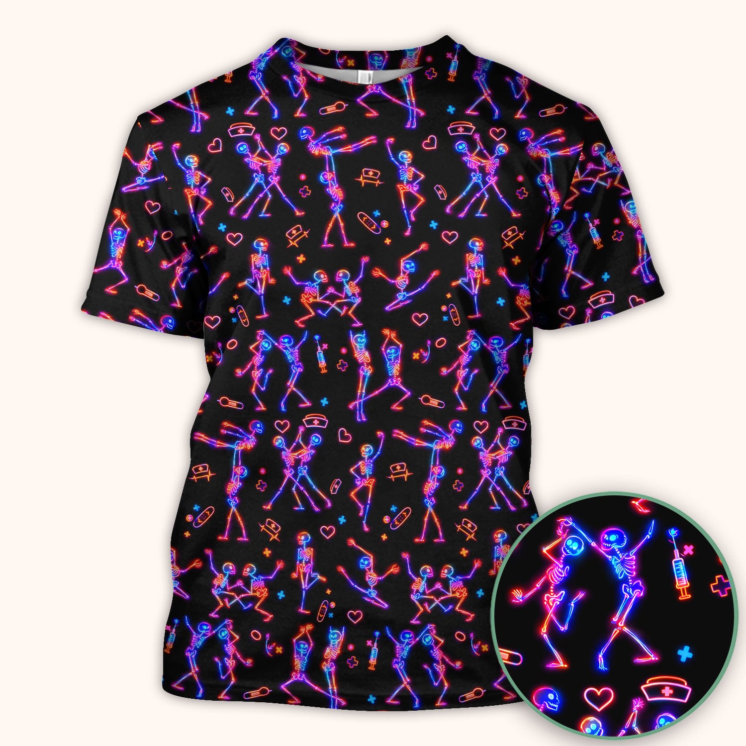 Neon Dancing Skeleton Medical Pattern Scrub Top, Comfortable Scrubs for Nurses
