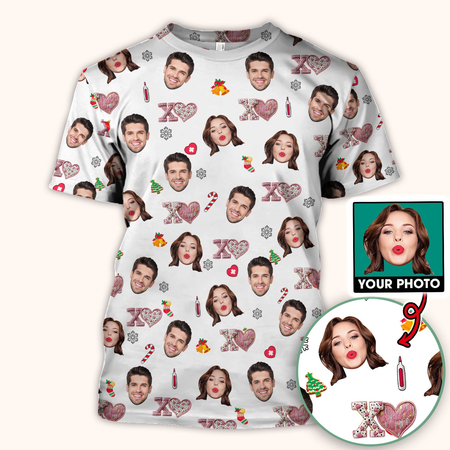 Custom Face Pattern XOXO Scrub Shirt, Personalized Photo Scrub Top, Breathable Fabrics Nursing Uniform