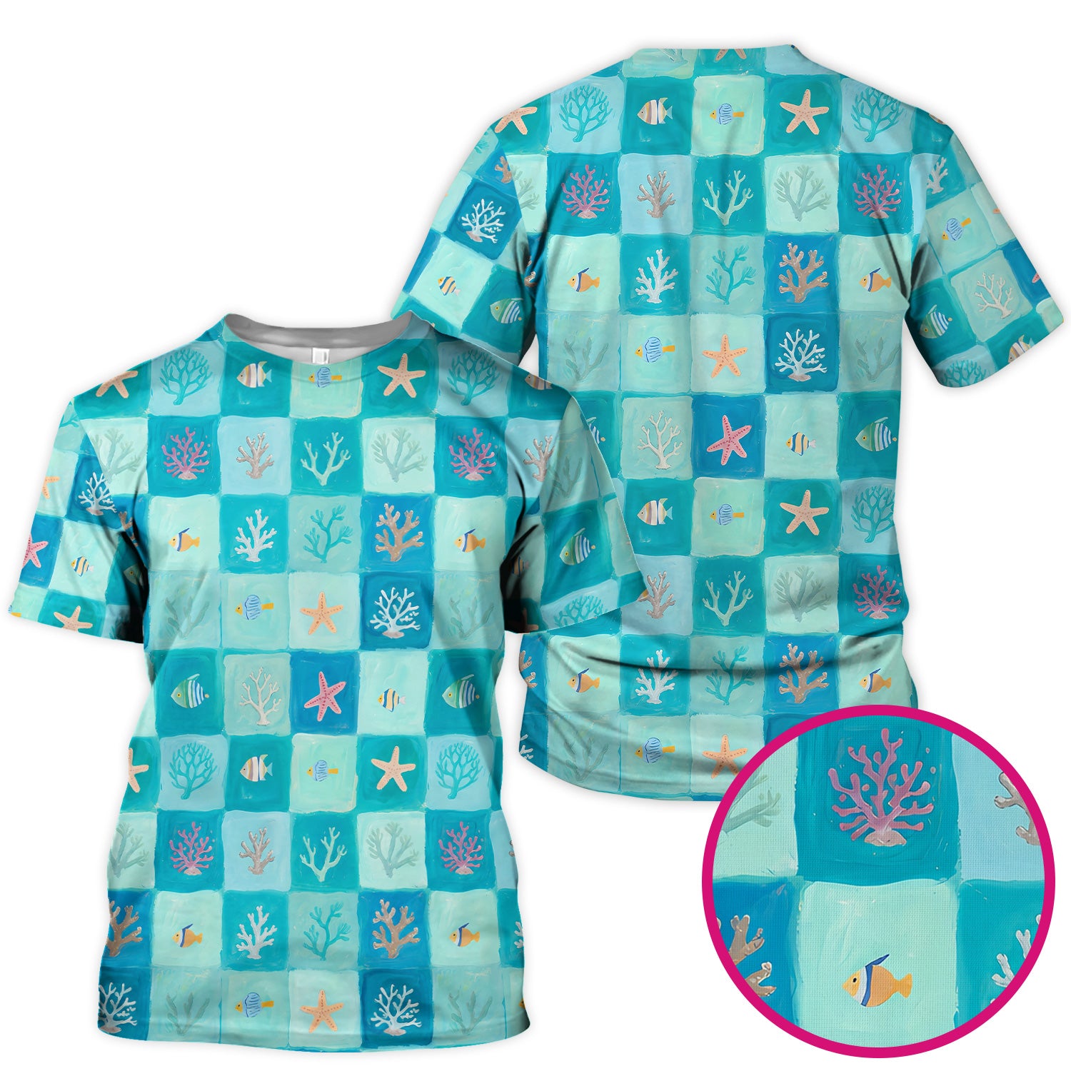 Ocean Coral Fish Checkered Pattern Scrub Top, Comfortable Scrubs for Nurses