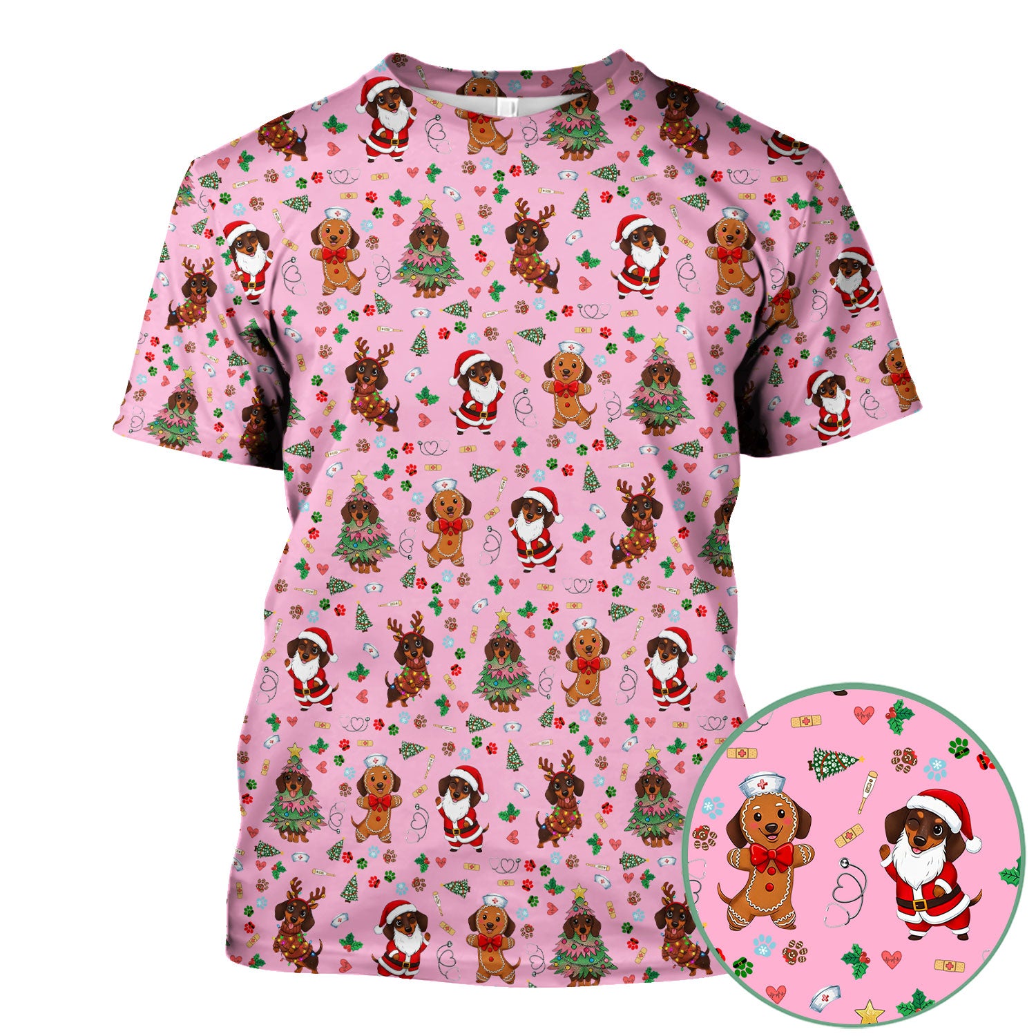 Wiener Dog Christmas Scrub Top – Funny Dachshund Pattern Medical Shirt – Festive Holiday Uniform for RN, LPN, CNA, and Vet Techs