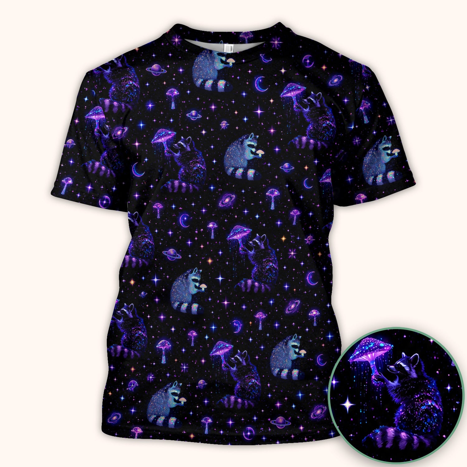Cute Raccoon Mushroom Galaxy Pattern Scrub Top, Comfortable Scrubs for Nurses