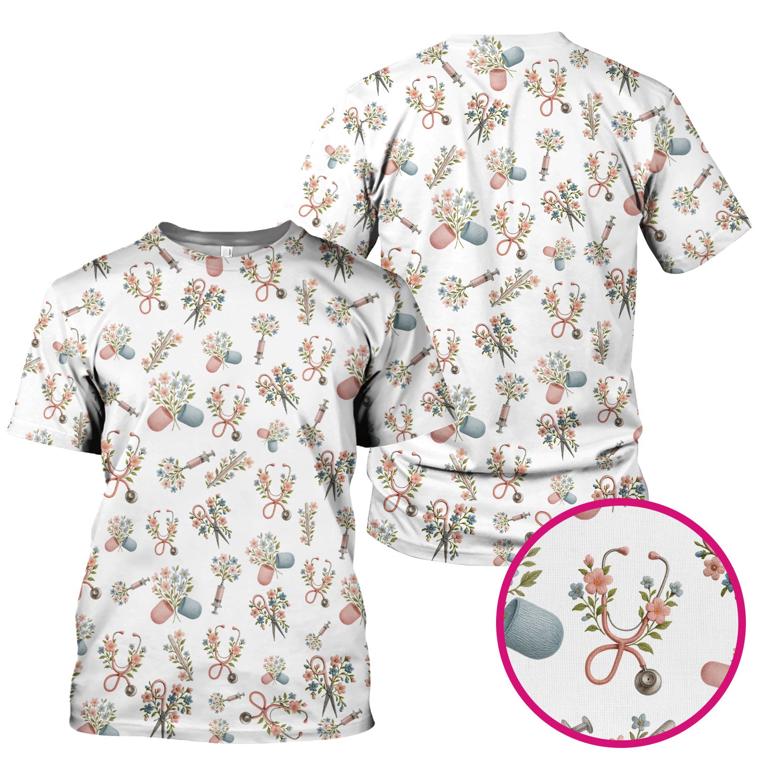 Floral Medical Scrub Top, Elegant Stethoscope With Flower Nursing Shirt, Breathable Fabrics Nurse Uniform