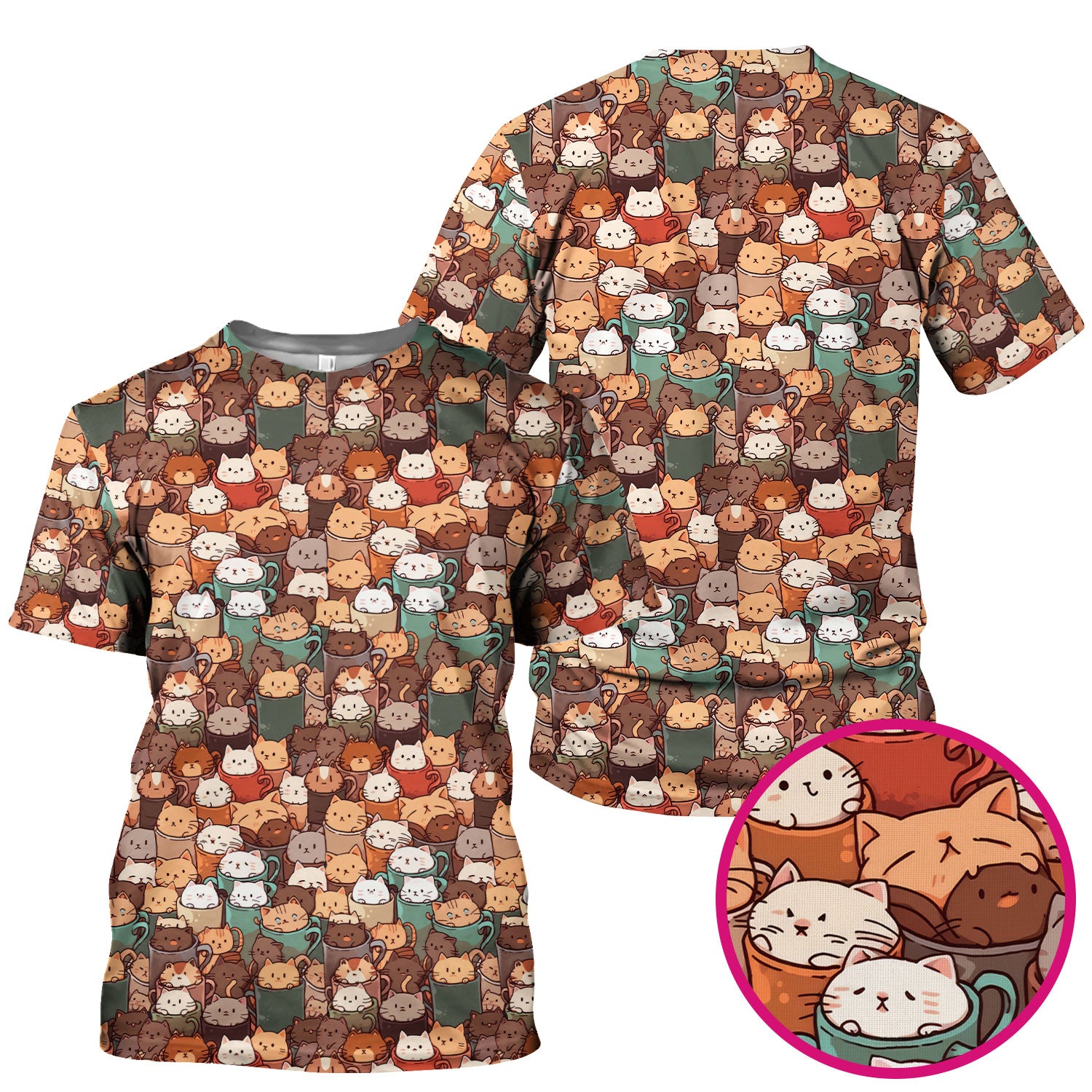 Cute Coffee Cat Scrub Top, Cozy Kittens in Mug Pattern Nurse Shirt, Breathable Fabrics Nursing Uniform