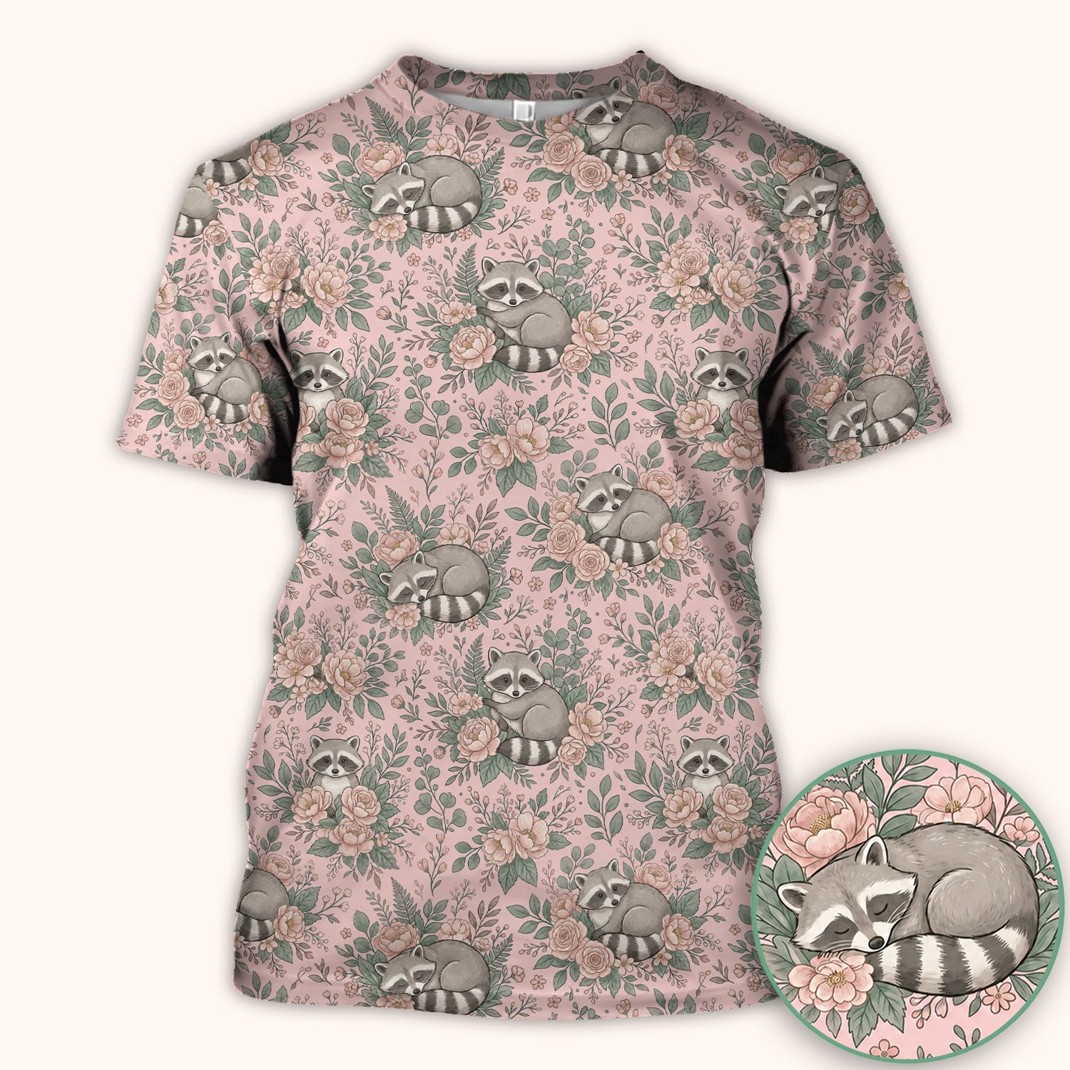 Sleeping Raccoon Rose Garden Pattern Scrub Top, Breathable Fabrics Nursing Uniform
