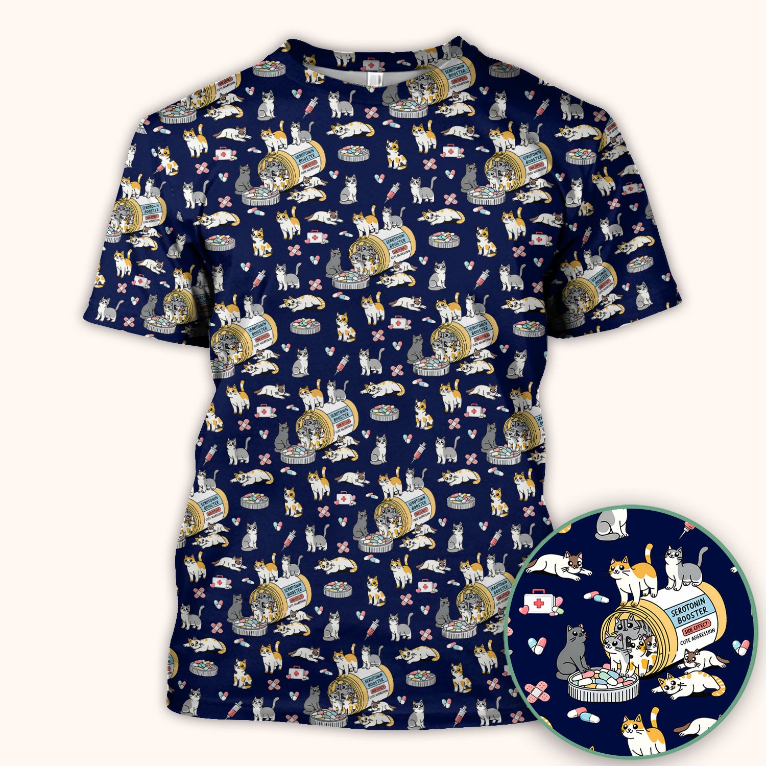 Cute Cat Serotonin Booster Pattern Scrub Top, Comfortable Scrubs for Nurses