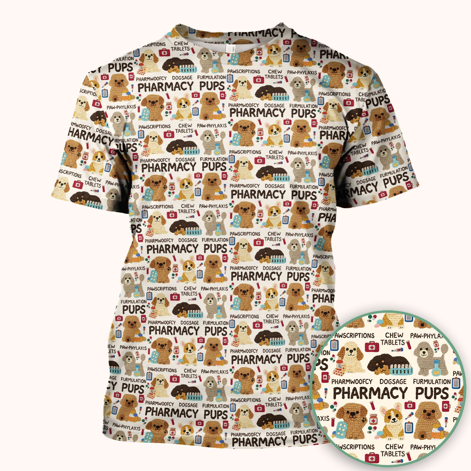 Pharmacy Pups Scrub Top for Women - Cute Dog Pattern Medical Shirt for Pharmacists & Vet Techs - Fun Blue Pharmacy Nurse Uniform