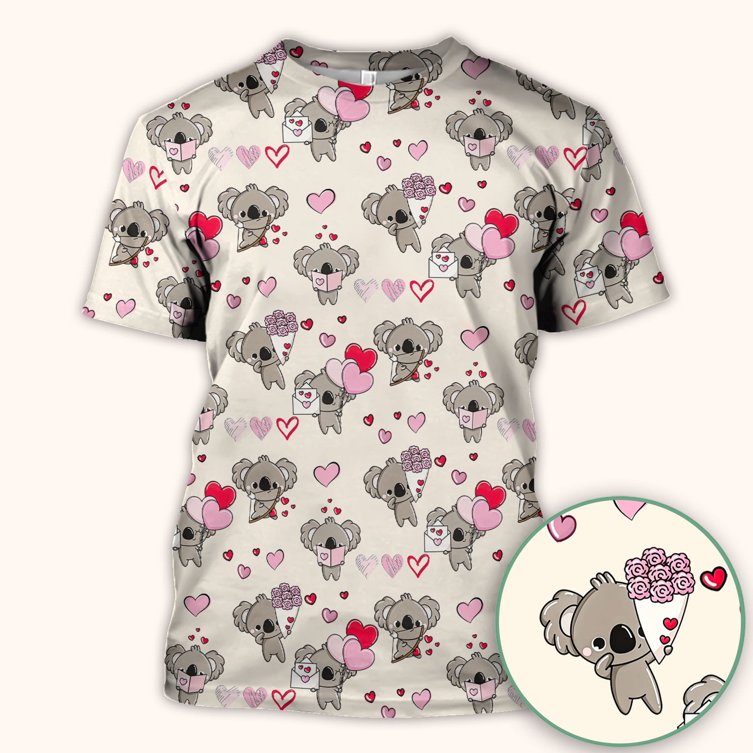 Valentine Koala Holding Flowers Cute Print Scrub Top, Comfortable Scrubs for Nurses