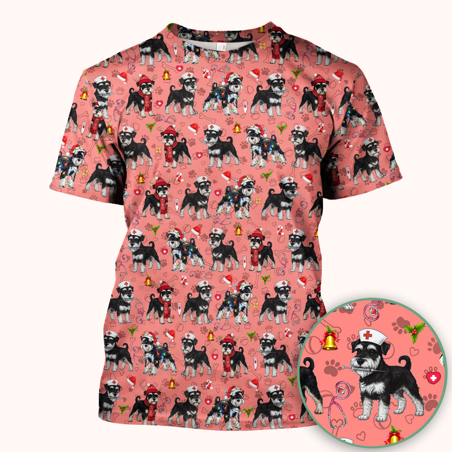 Christmas Schnauzer Scrubs for Nurses - Cute Dog Holiday Scrub Top - Funny Santa Nursing Medical Shirt for Women