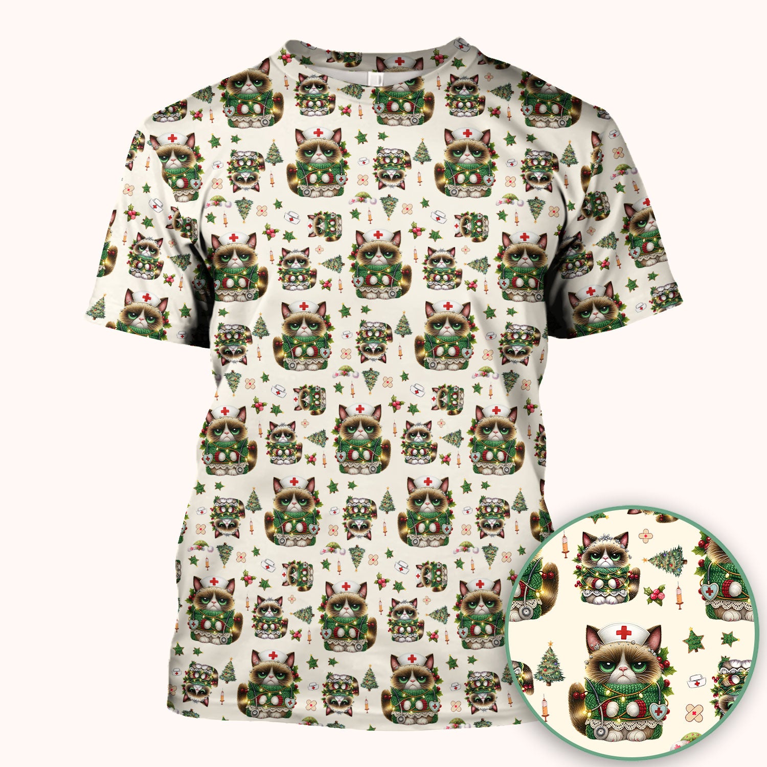 Christmas Nurse Scrub Top - Funny Cat Nursing Shirt - Cute Holiday Medical Uniform for Women RN LPN CNA