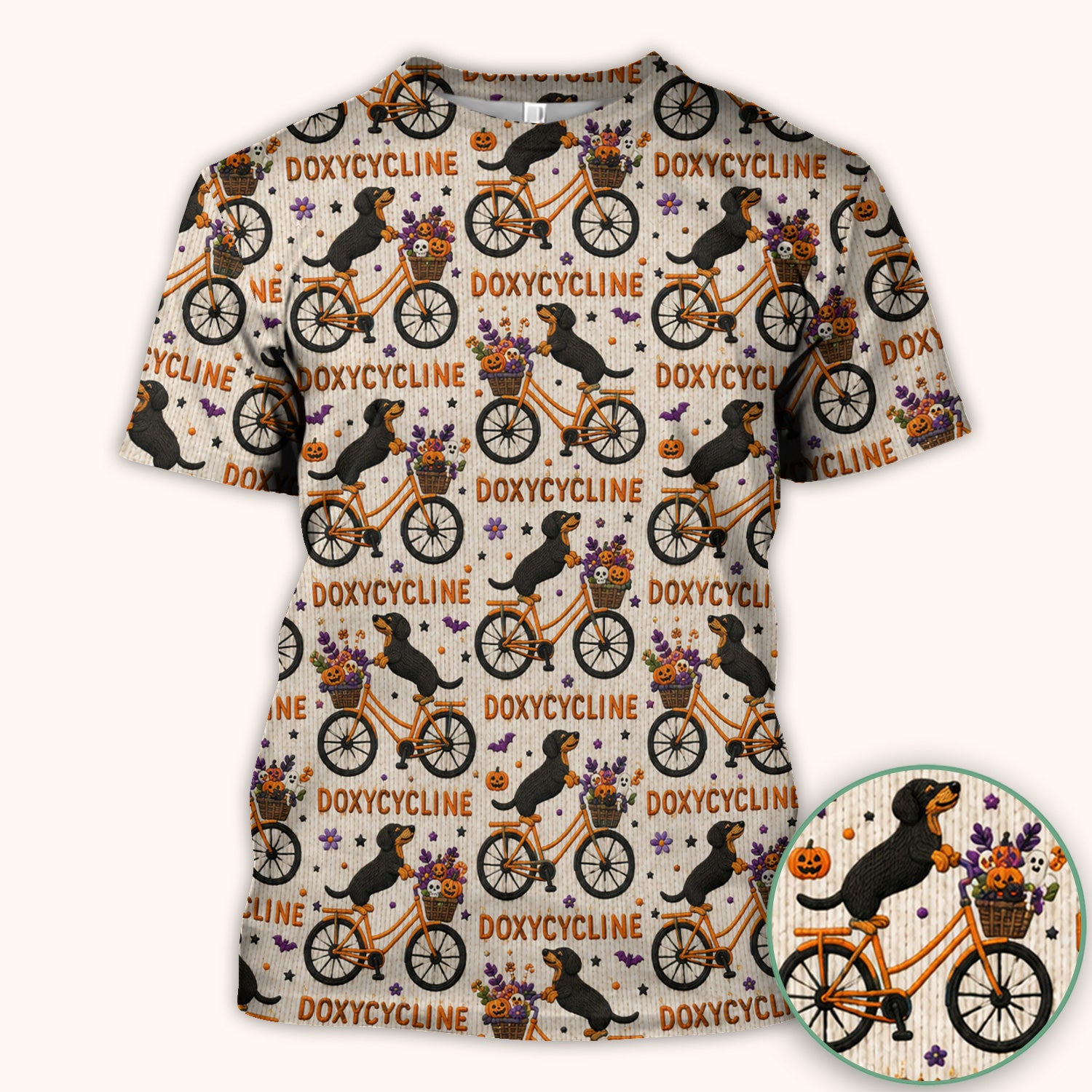 Halloween Dachshund with Doxycycline Bike Print Scrub Top, Comfortable Scrubs for Nurses