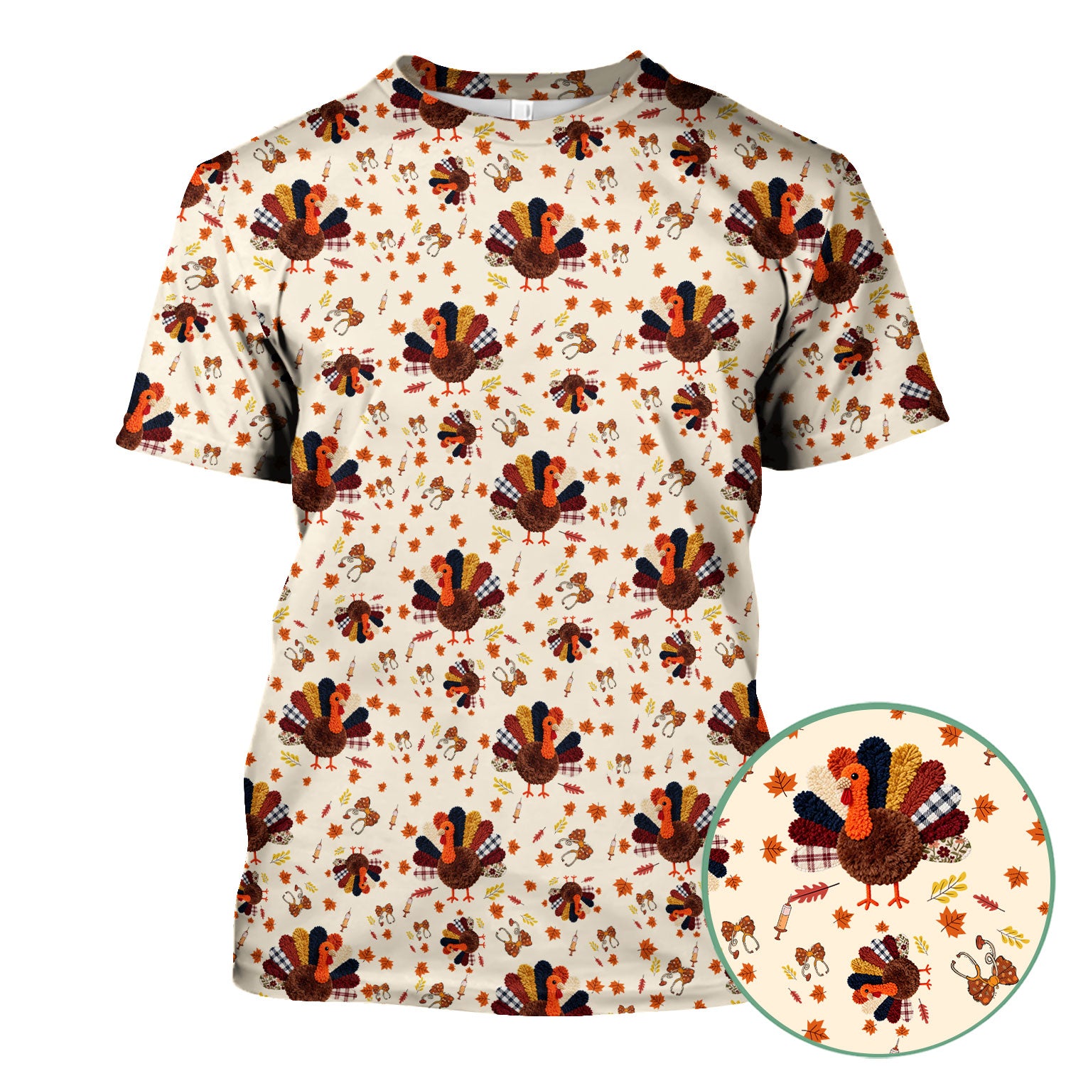 Funny Thanksgiving Nurse Scrub Top - Fall Leaves and Pumpkin Shirt - Autumn Turkey Med Uniform Gift for RN CNA LPN