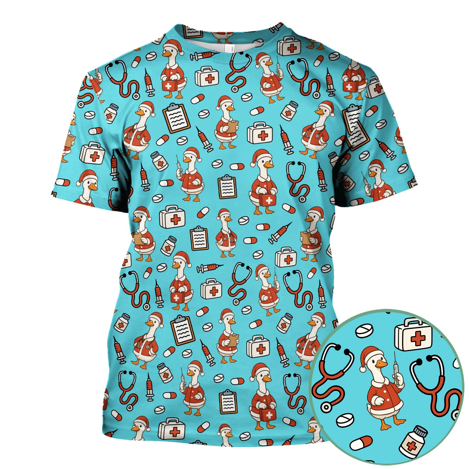 Christmas Nurse Scrub Top - Funny Santa Duck Print Scrubs for Women & Men - Holiday Medical Shirt for RN CNA Doctor, Cute Xmas Gift Idea
