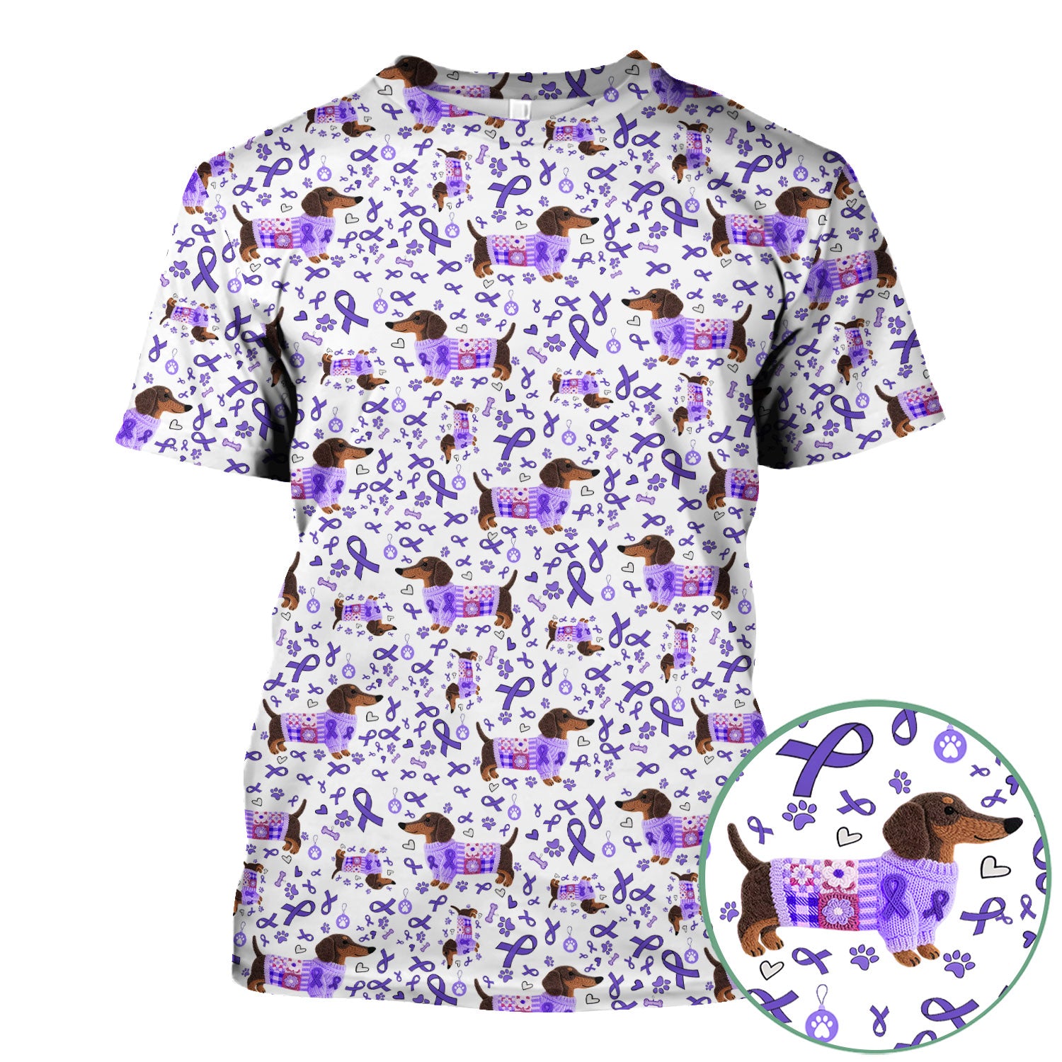 Purple Ribbon Dachshund Scrub Top for Nurses - Cute Awareness Dog Paw Prints - Support Lupus Cancer Med Uniform Gift for Women