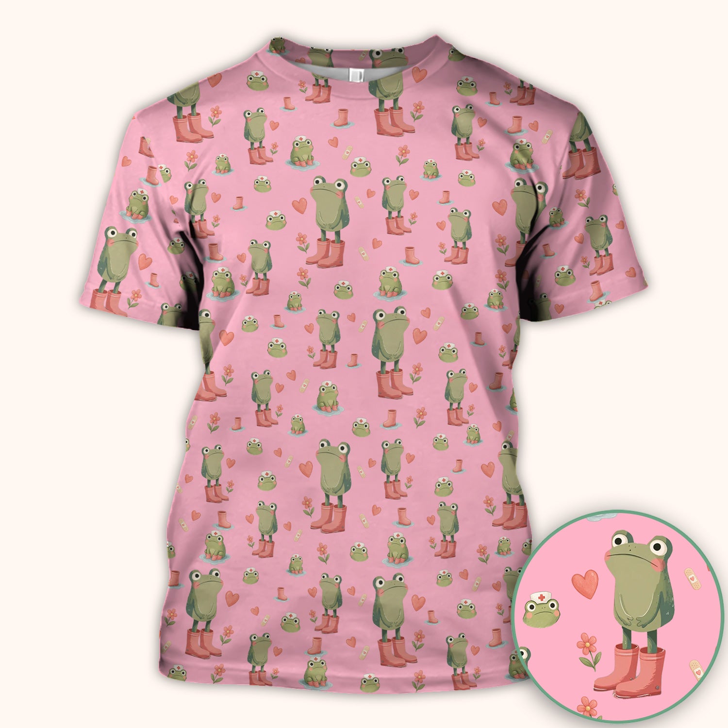 Adorable Frog Boots Heart Pattern Scrub Top, Comfortable Scrubs for Nurses