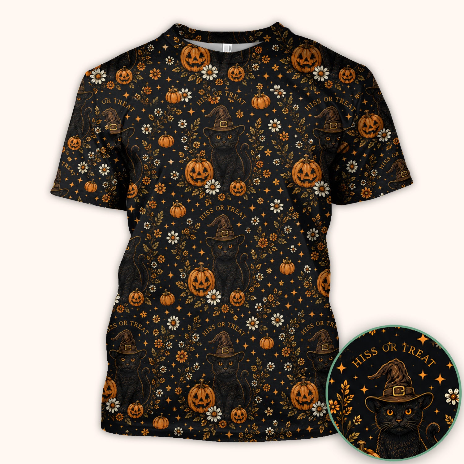 Halloween Black Cat Pumpkin Floral Scrub Top, Comfortable Scrubs for Nurses
