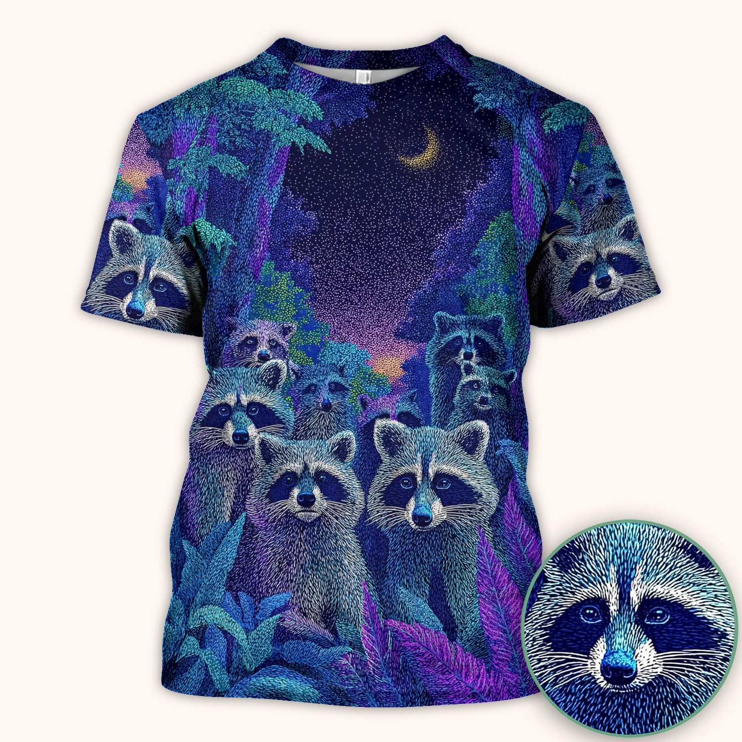 Moonlit Raccoon Pattern Scrub Top, Comfortable Scrubs for Nurses
