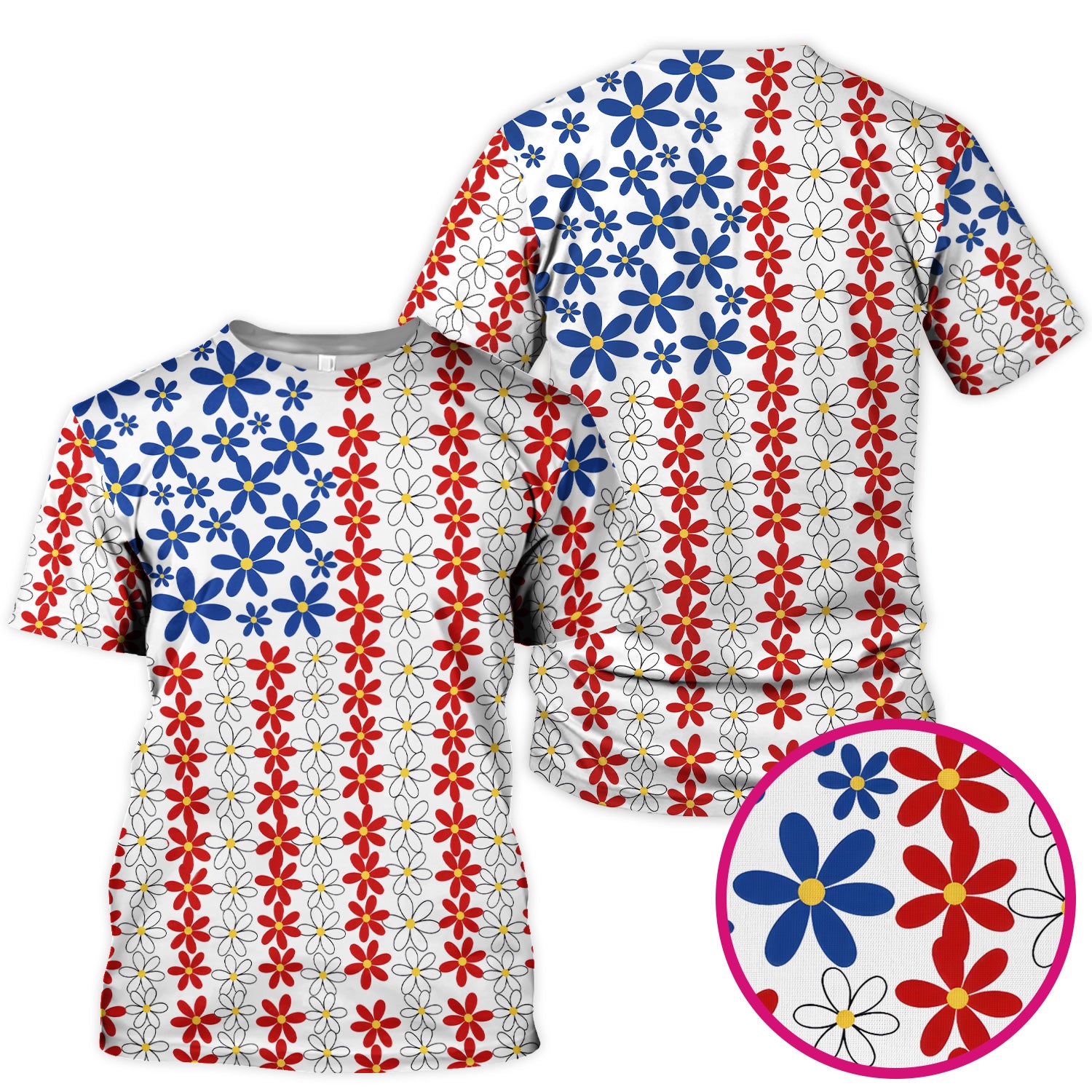 Retro Red Blue Daisy Stripe Pattern Scrub Top, Comfortable Scrubs for Nurses