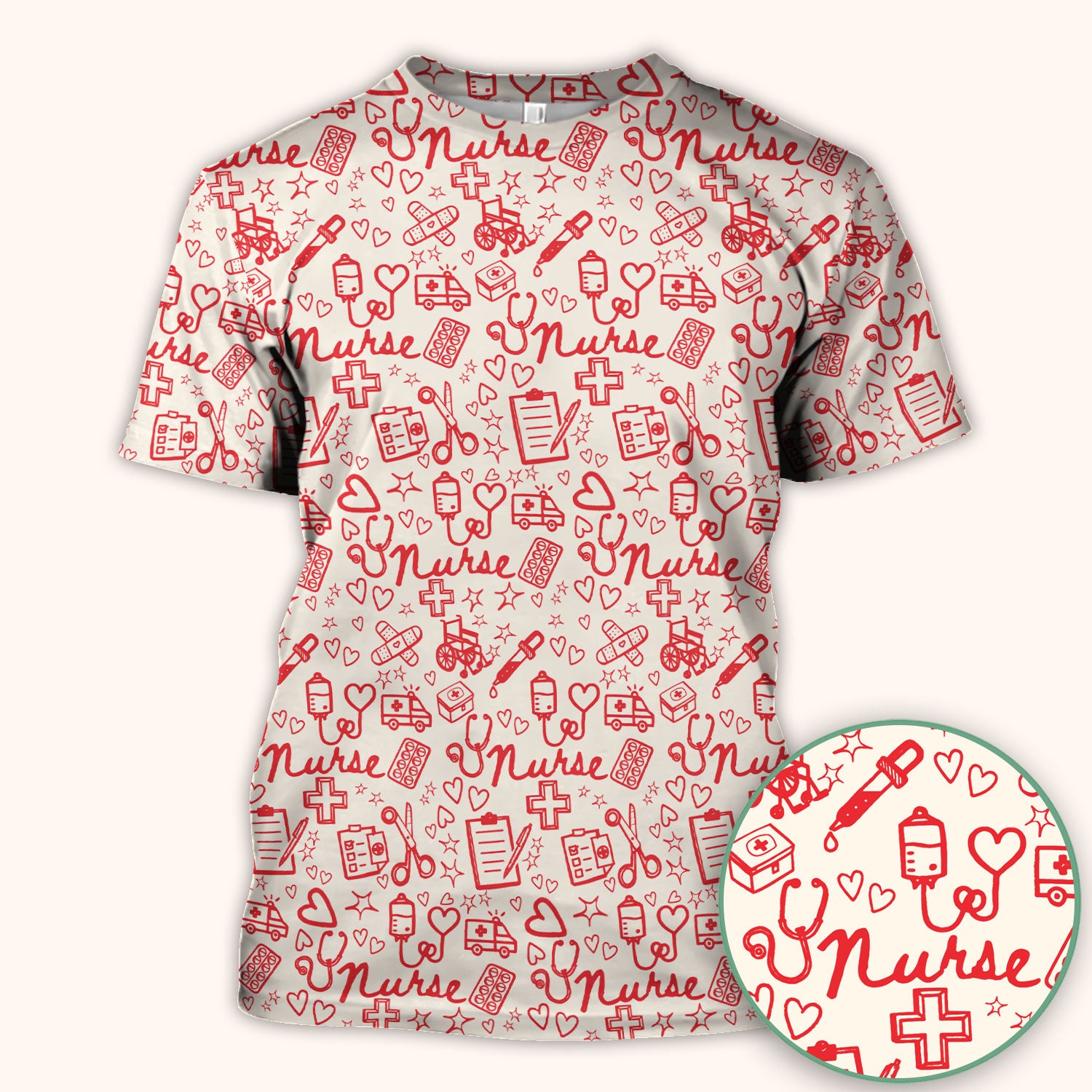 Cute Nurse Heart Medical Pattern Scrub Top, Comfortable Scrubs for Nurses