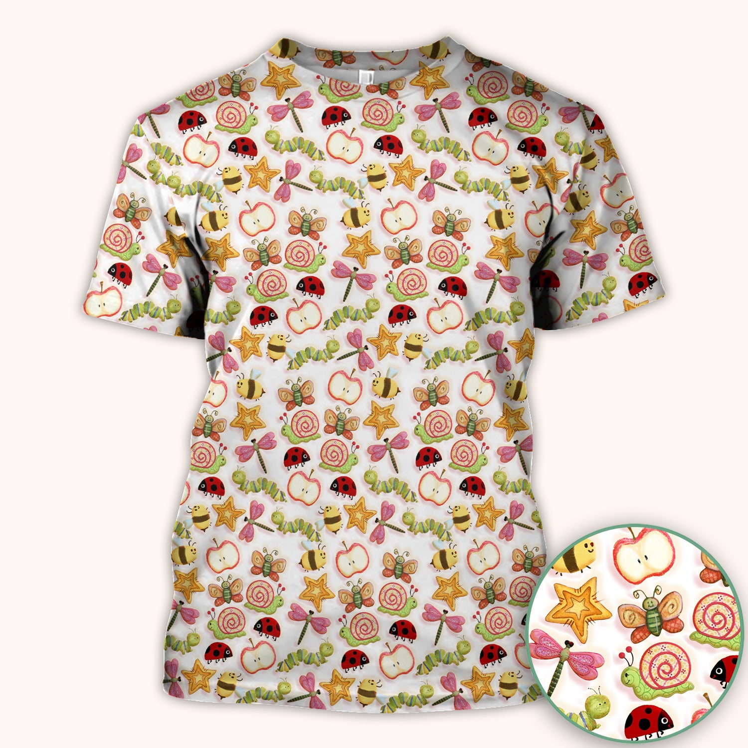 Cute Nurse Snail Ladybug Caterpillar Apple Garden Pattern Scrub Top, Breathable Fabrics Nursing Uniform