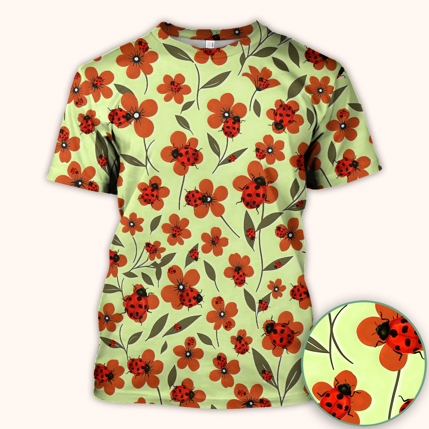 Ladybug on Orange Floral Garden Pattern Scrub Top, Comfortable Scrubs for Nurses