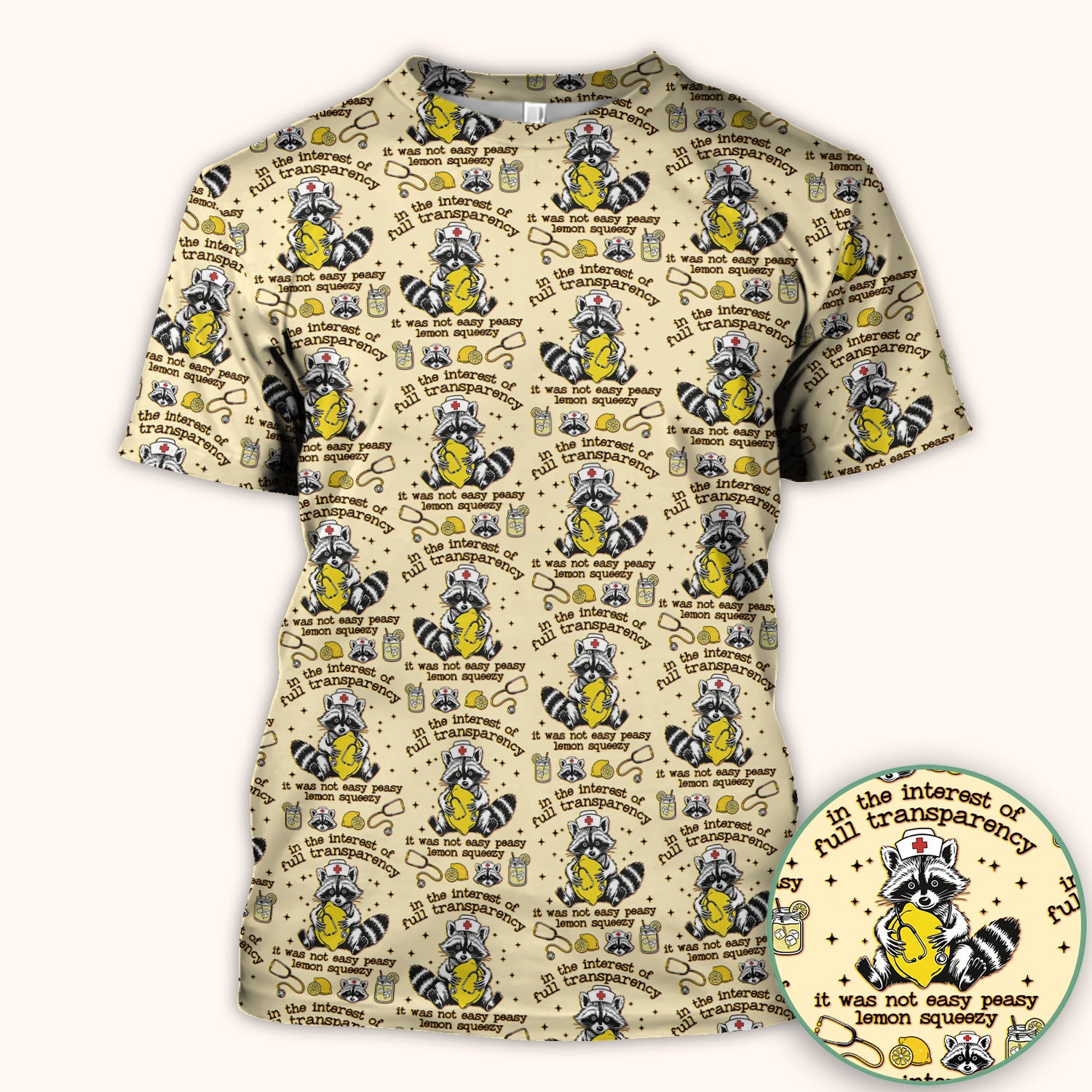 Raccoon Lemon Quote Medical Humor Pattern Scrub Top, Breathable Fabrics Nursing Uniform