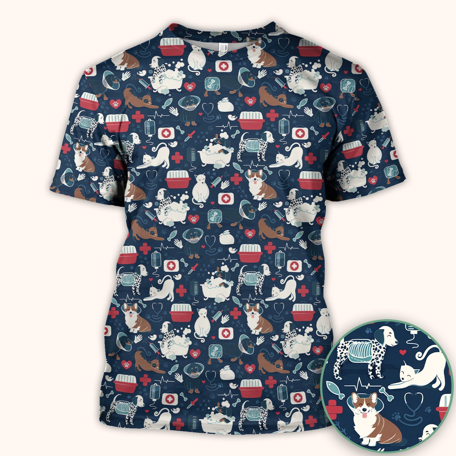Dogs With Veterinary Tools And Paw Print Scrub Top, Breathable Fabrics Nursing Uniform