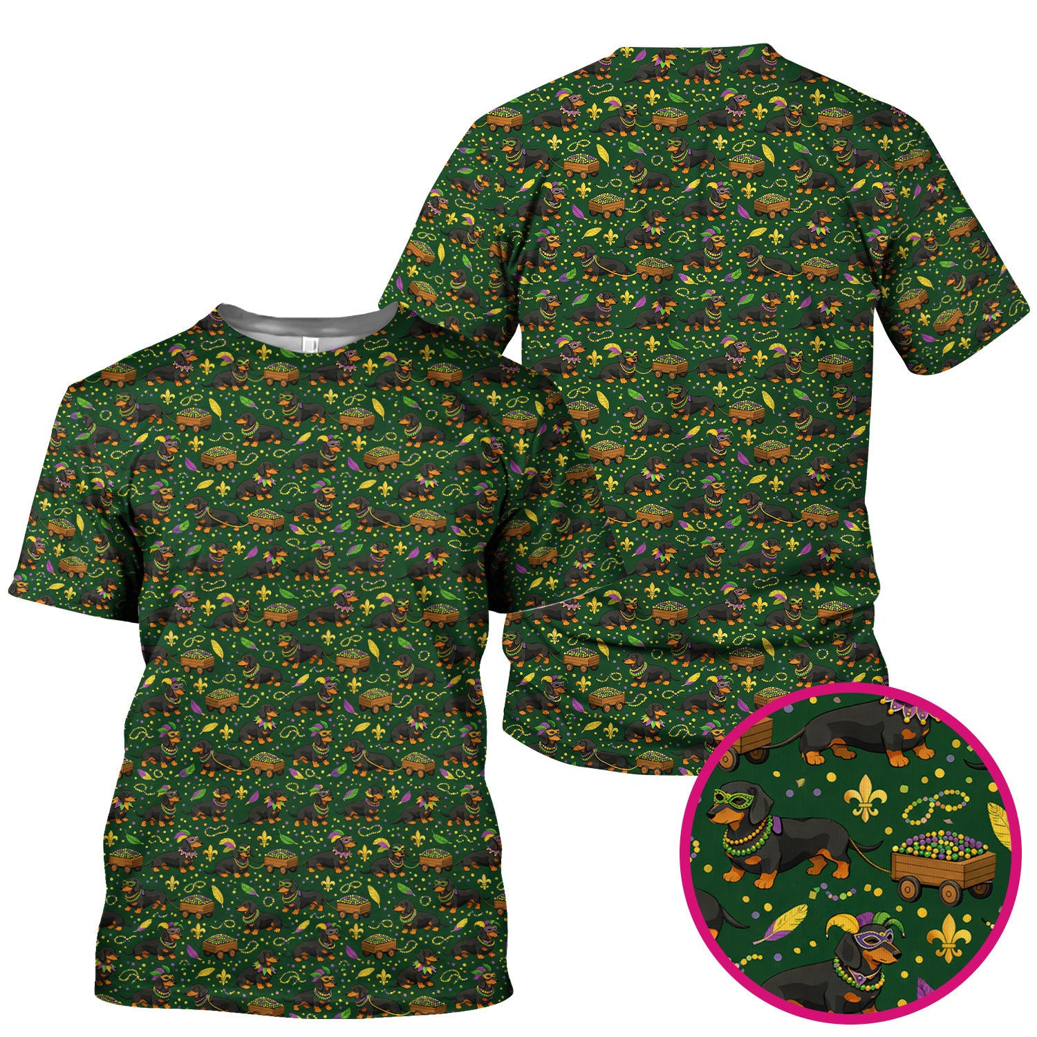 Funny Mardi Gras Dachshund Scrub Top, Festival Wiener Dog Pattern Nurse Shirt, Breathable Fabrics Nursing Uniform