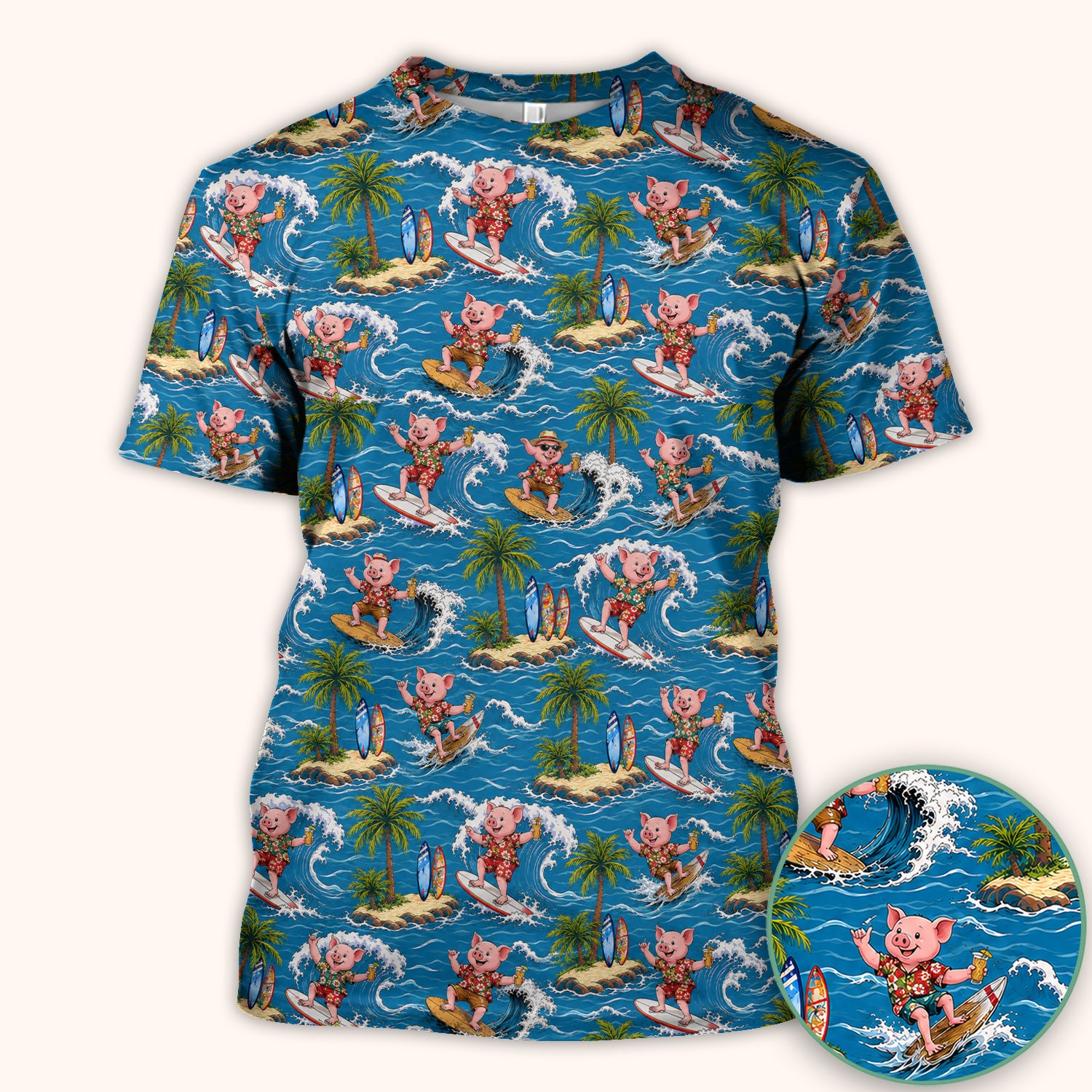 Tropical Surfing Pig Island Pattern Scrub Top, Comfortable Scrubs for Nurses
