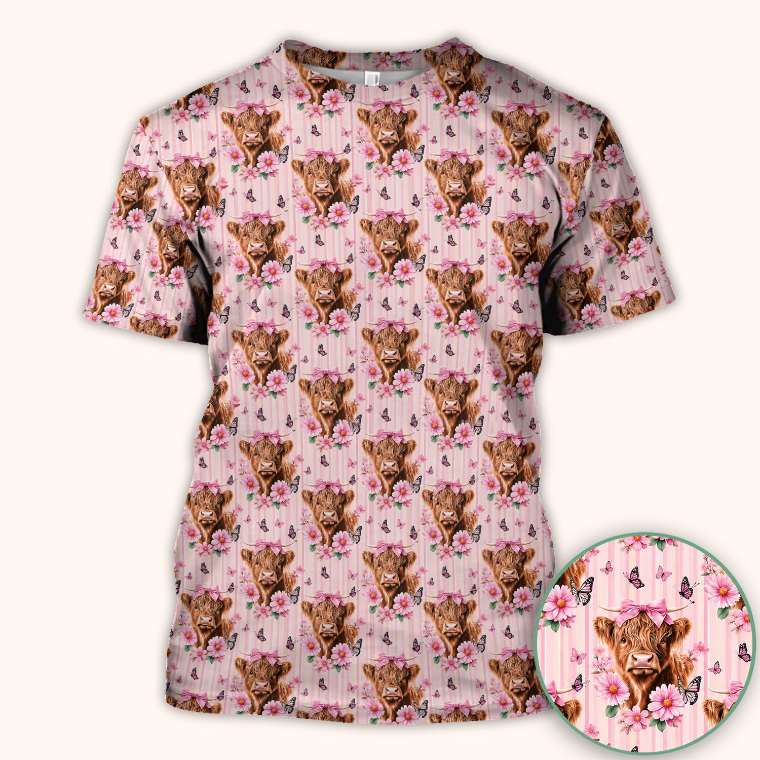 Pink Highland Cow Floral Scrub Top, Comfortable Scrubs for Nurses
