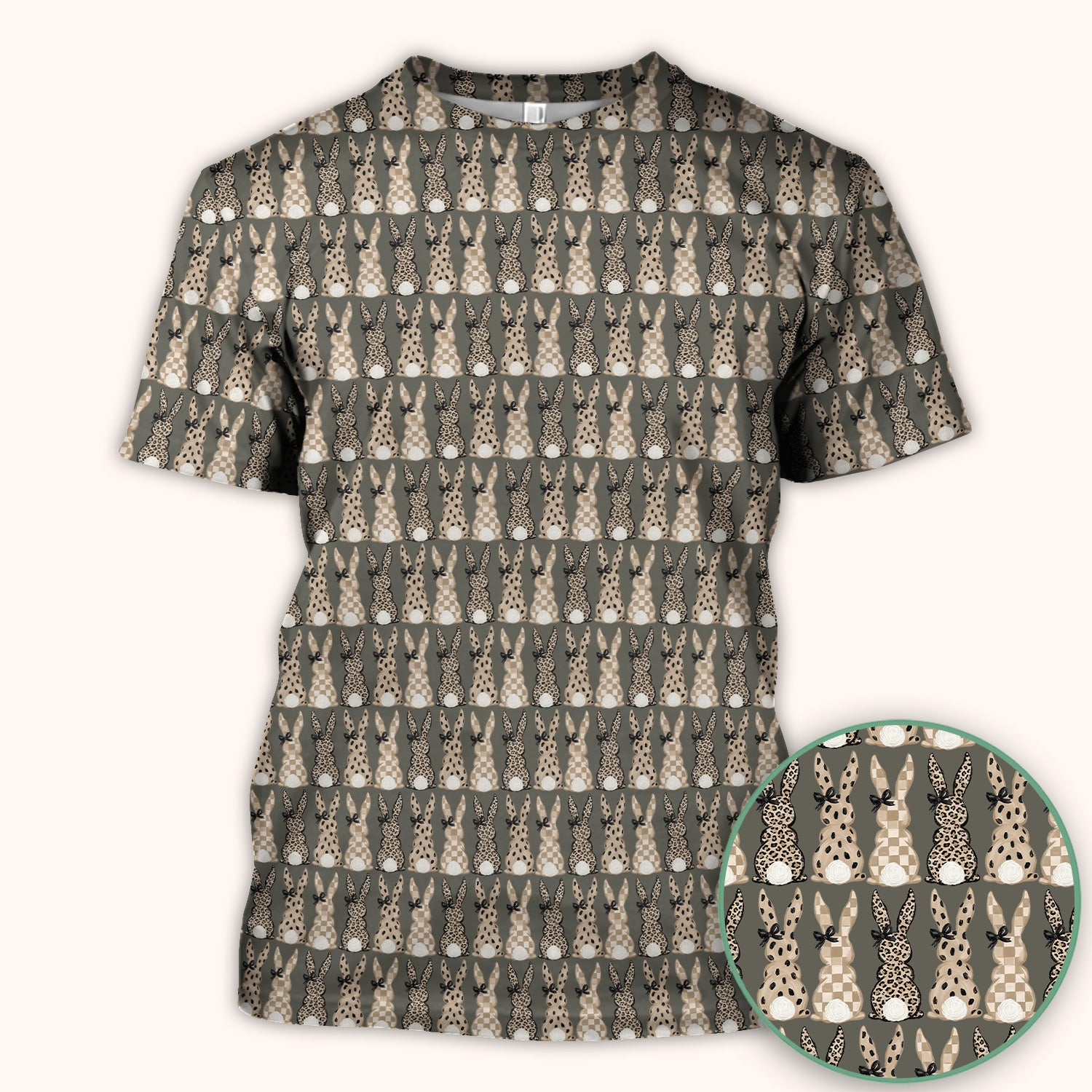 Vintage Bunny Pattern Beige Scrub Top, Comfortable Scrubs for Nurses