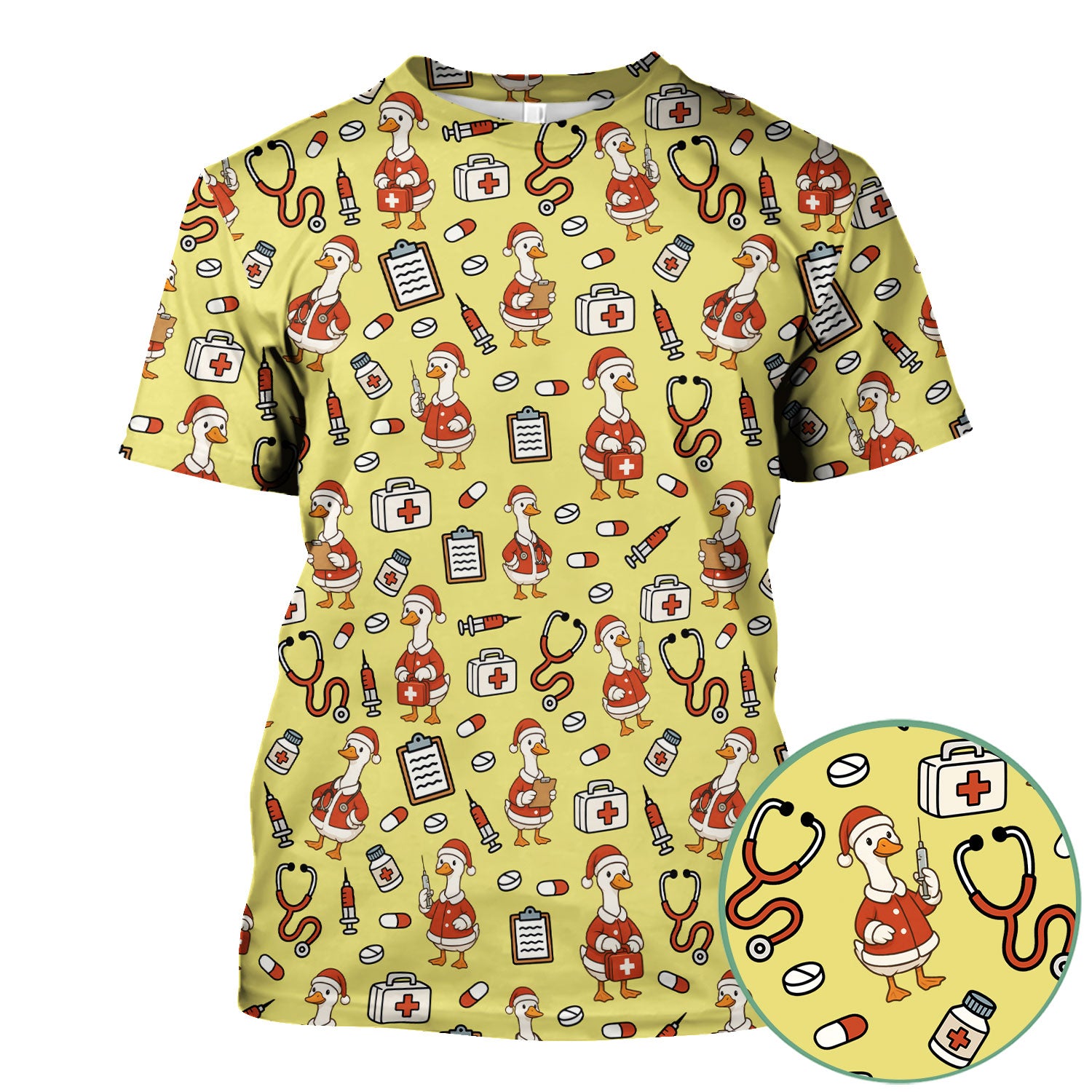 Santa Duck Nurse Scrubs - Christmas Print Medical Shirt for Women Men - Funny Holiday Scrub Top for RN CNA Doctor, Cute Xmas Gift