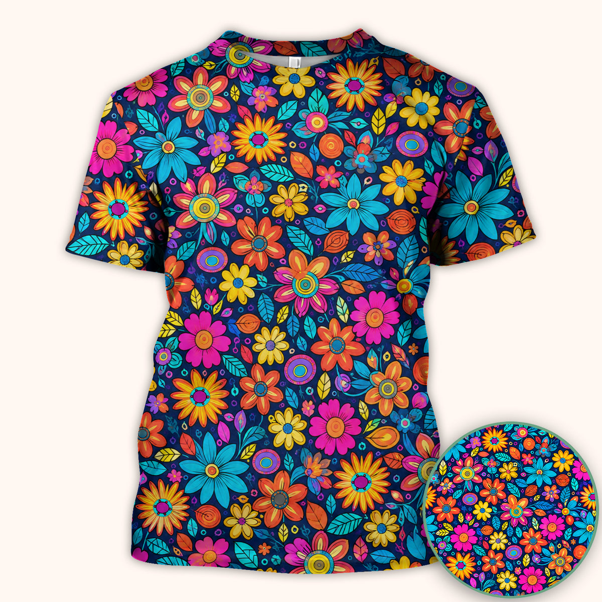 Vibrant Retro Floral Doodle Pattern Scrub Top, Comfortable Scrubs for Nurses