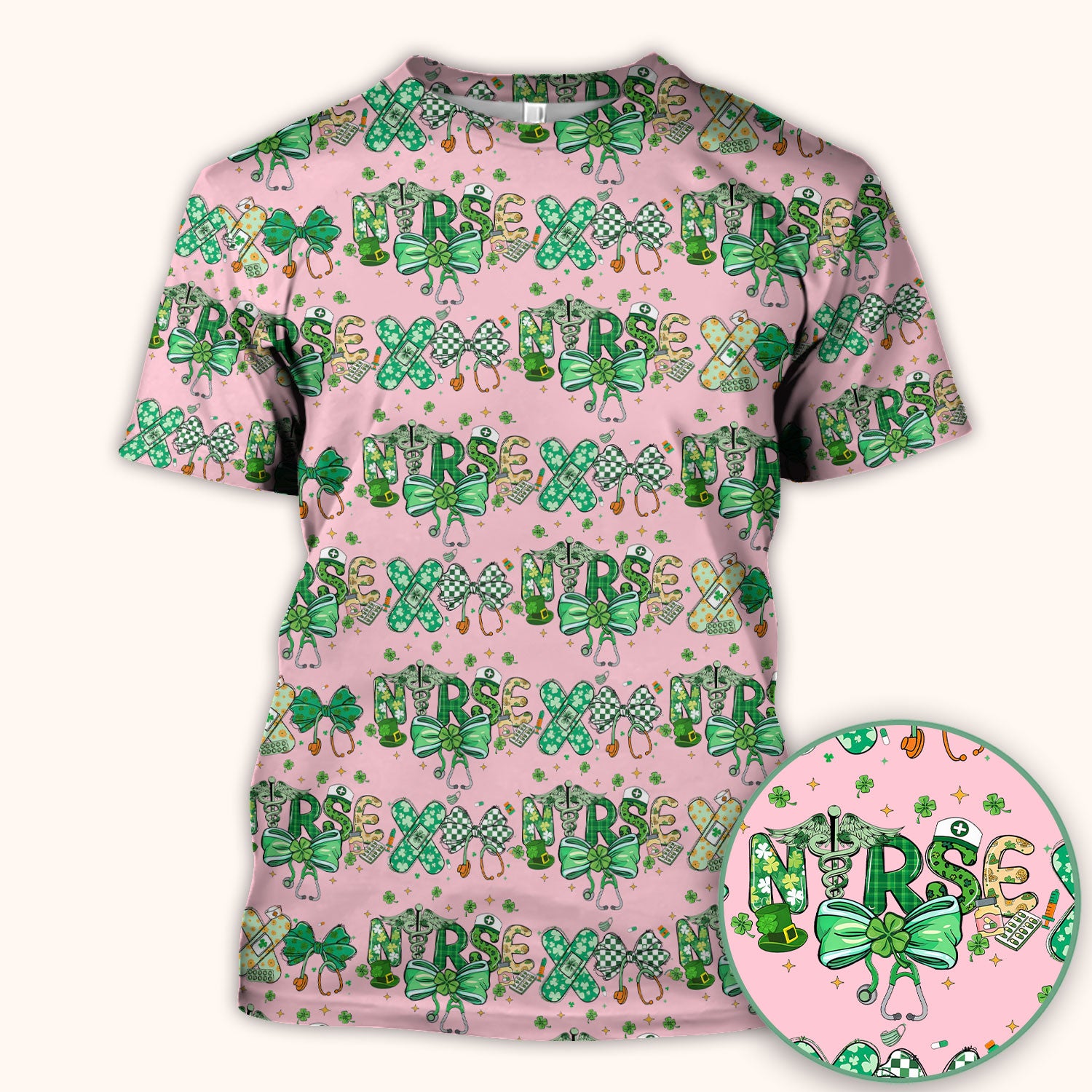 St. Patrick’s Nurse Scrub Top, Lucky Clover And Green Bow Pattern Nurse Shirt, Breathable Fabrics Nursing Uniform