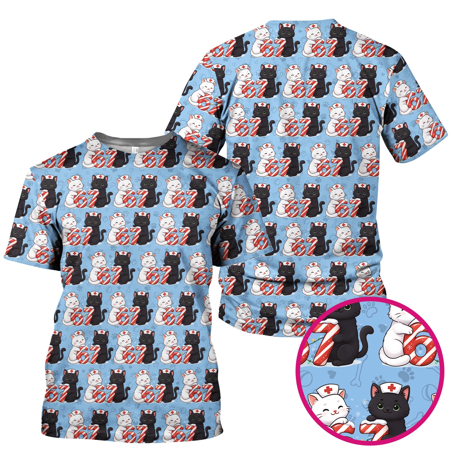 Xmas Cat Pattern Scrub Top, Christmas Nurse Six Seven With Cat Scrub Shirt, Breathable Fabrics Nursing Uniform